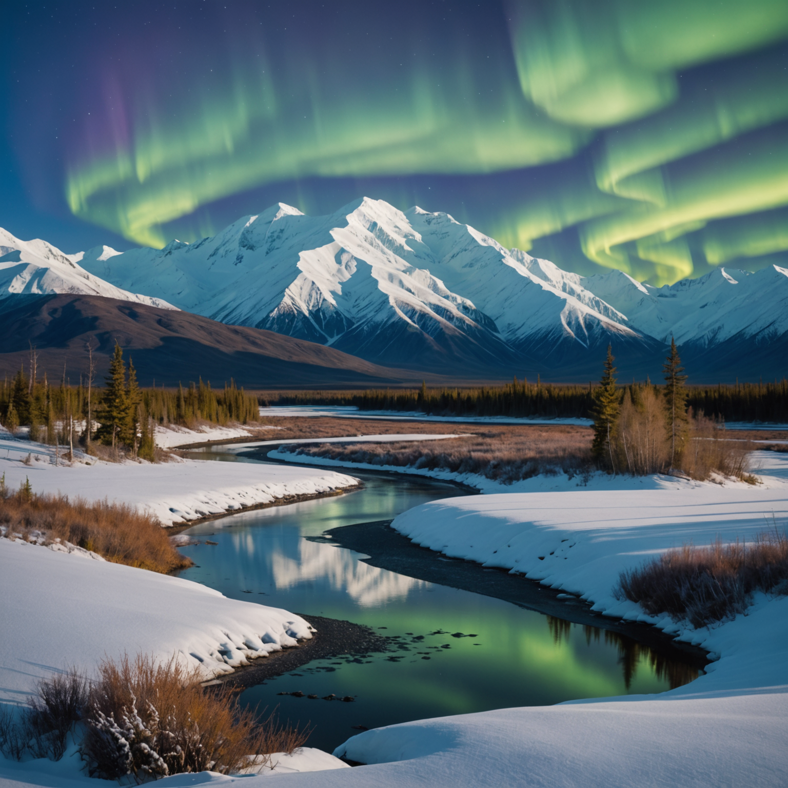 Majestic view of Denali, showcasing its vast snowy expanse and towering height.