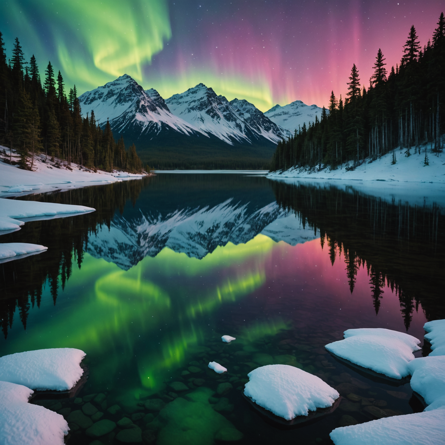 Aurora Borealis dancing over a snowy landscape