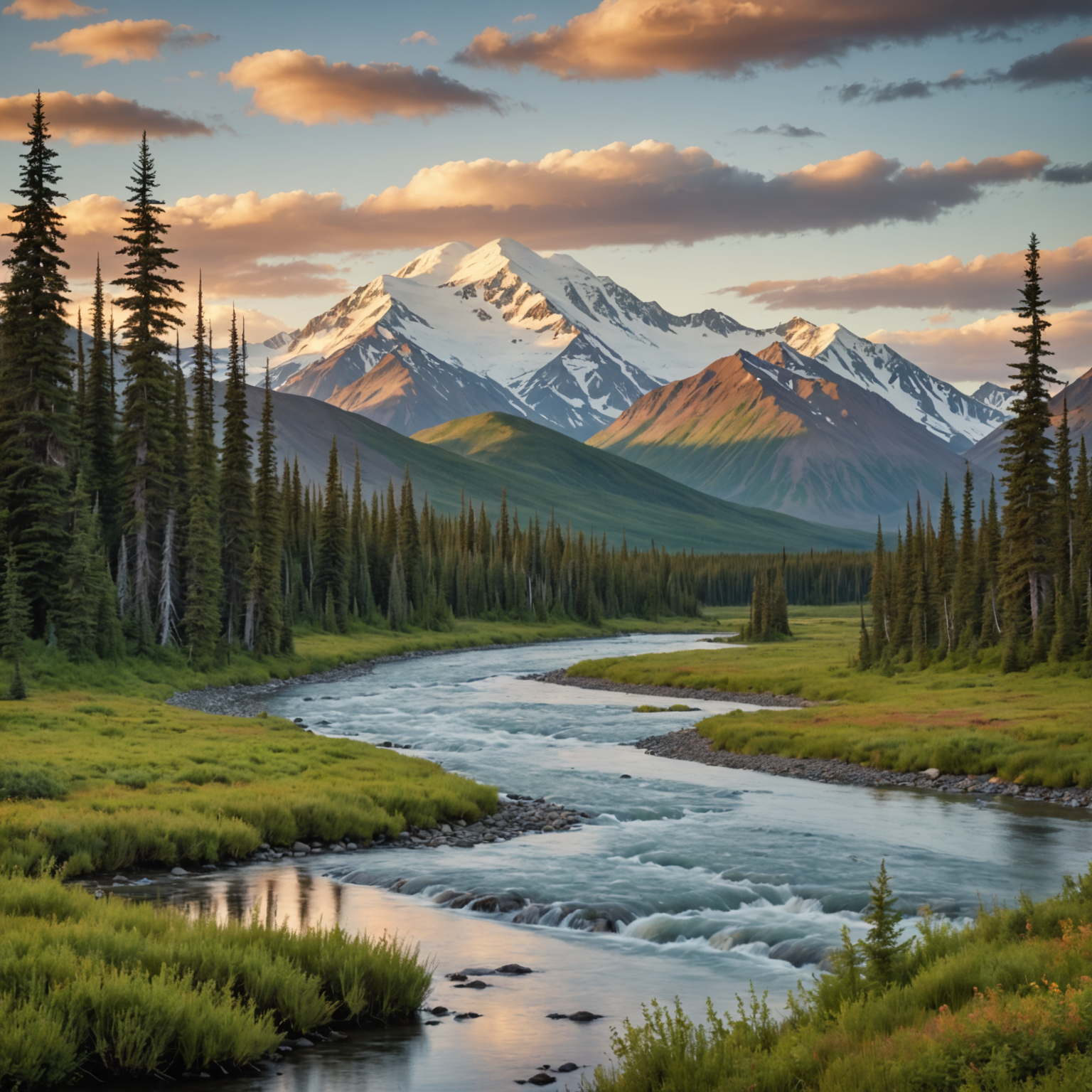 A breathtaking view of Denali National Park with wildlife in the foreground.