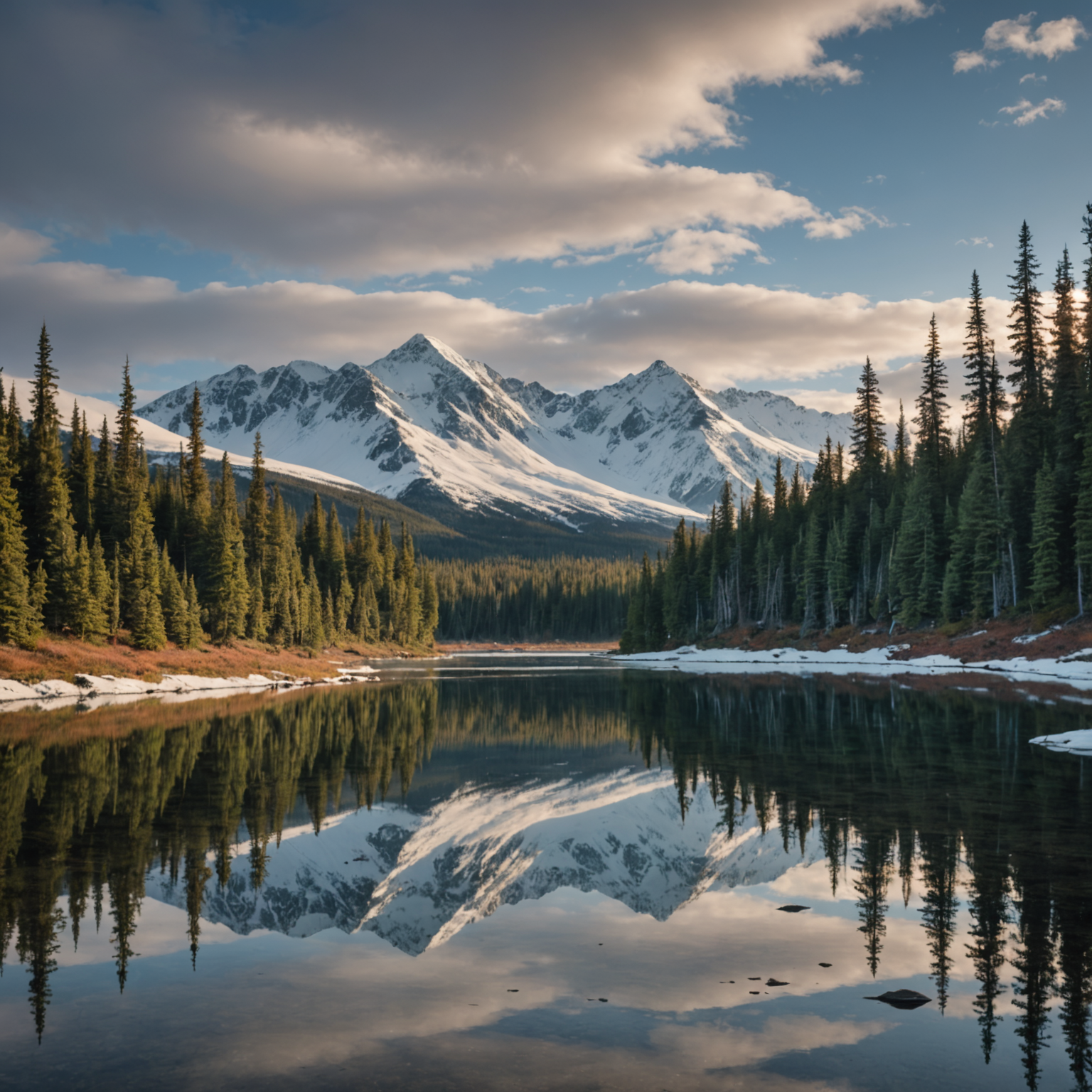 A well-equipped campsite in the Alaskan wilderness, with tents, gear, and scenic surroundings.