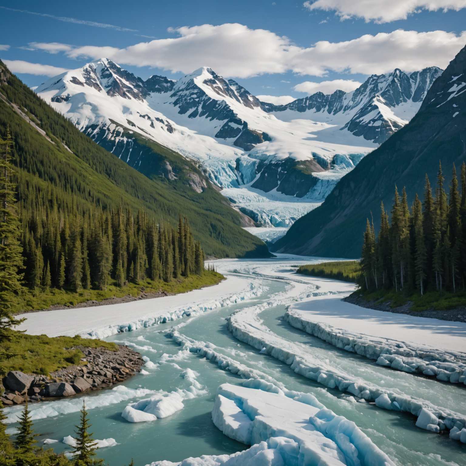 A breathtaking view of a glacier with snow-capped mountains in the background.