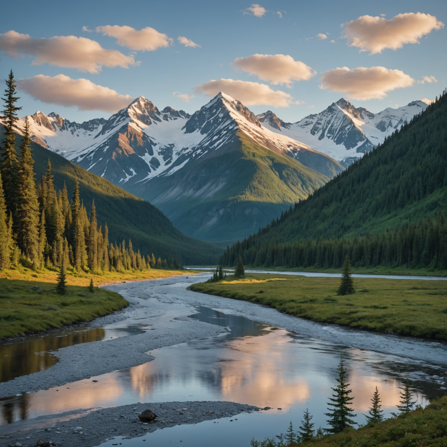 A serene view of anglers fly-fishing in the Alagnak River, surrounded by lush Alaskan wilderness.