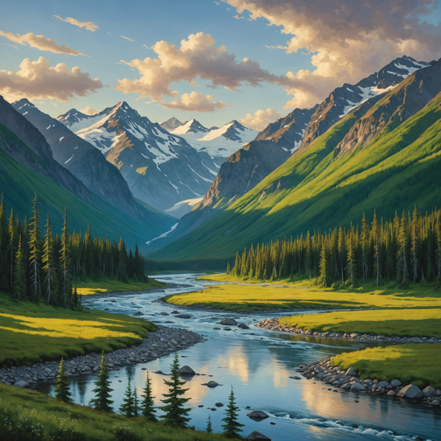 ATV riders crossing a river in a lush, green Alaskan valley.