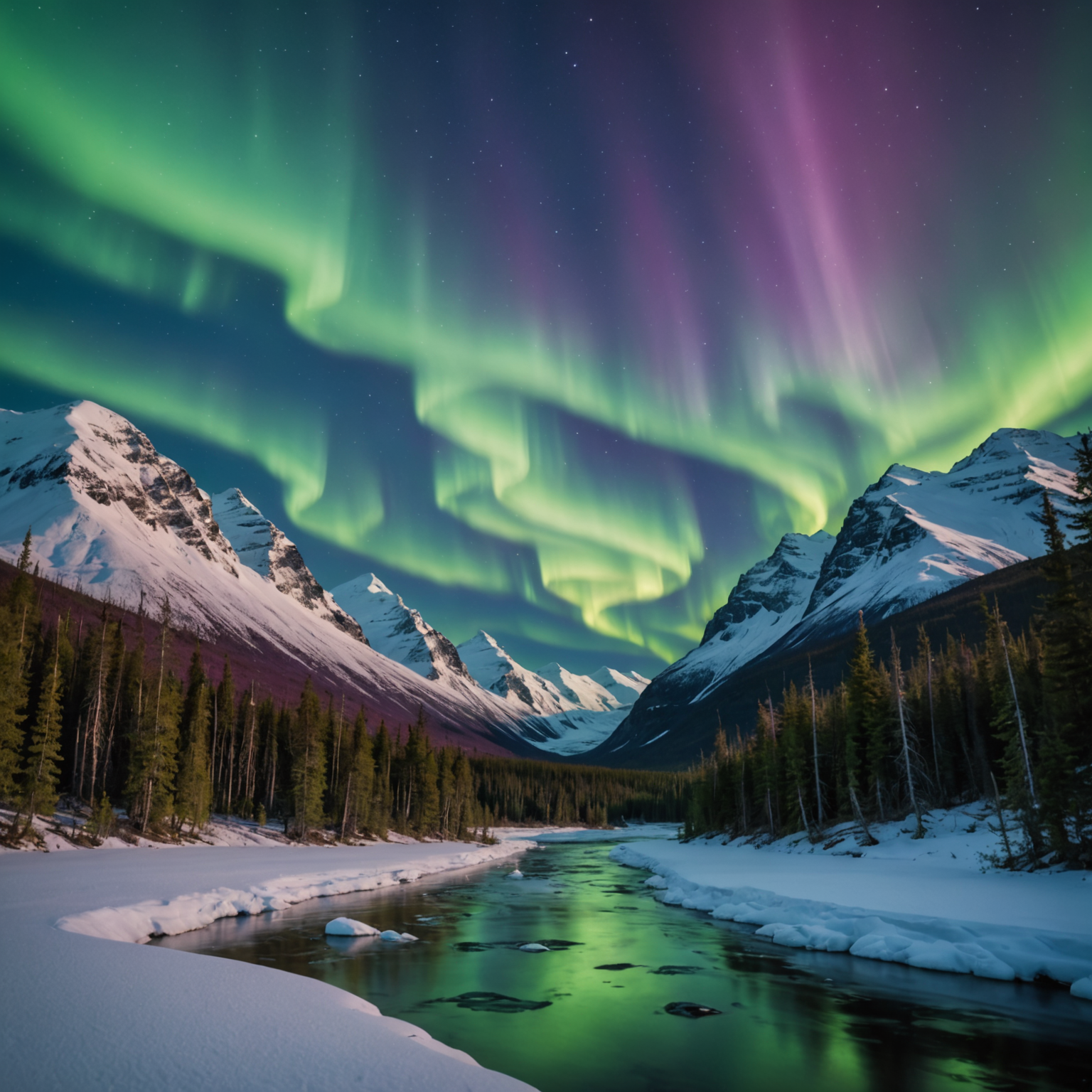 Northern lights over a snowy Alaskan landscape