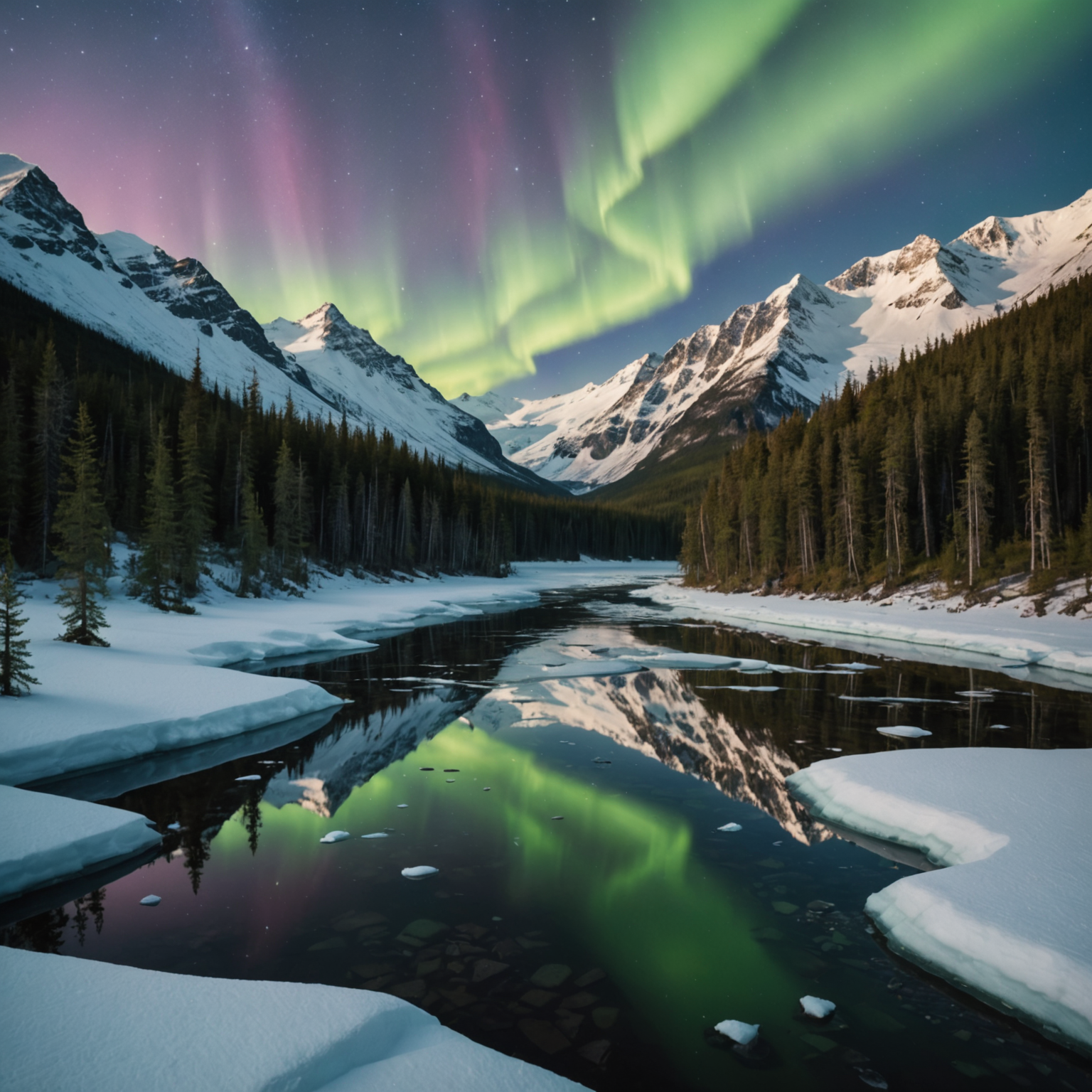 A cozy cabin surrounded by snow-capped mountains.