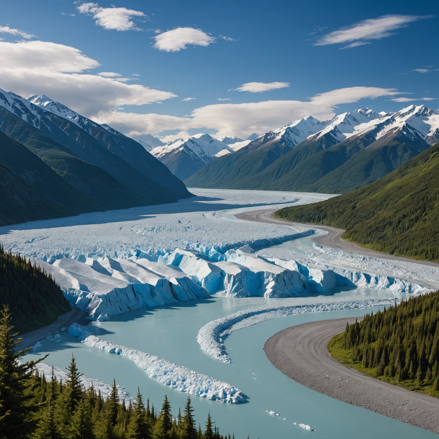 Aerial view of Knik Glacier with its deep crevasses and azure blue ice