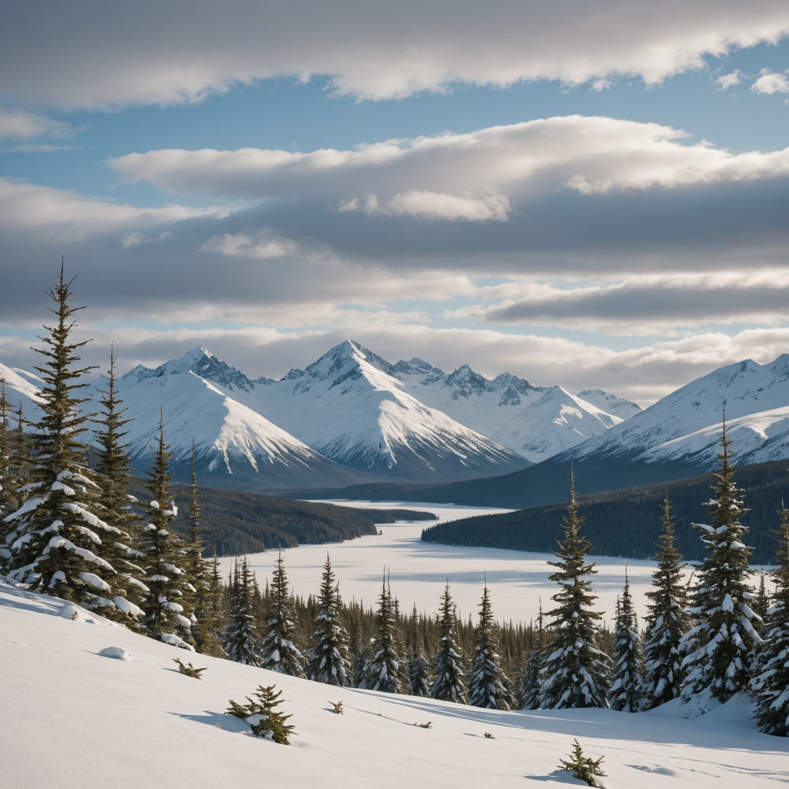 A cozy cabin nestled in the snow near Majesty Mountain, with a backdrop of pine trees and snowy peaks.