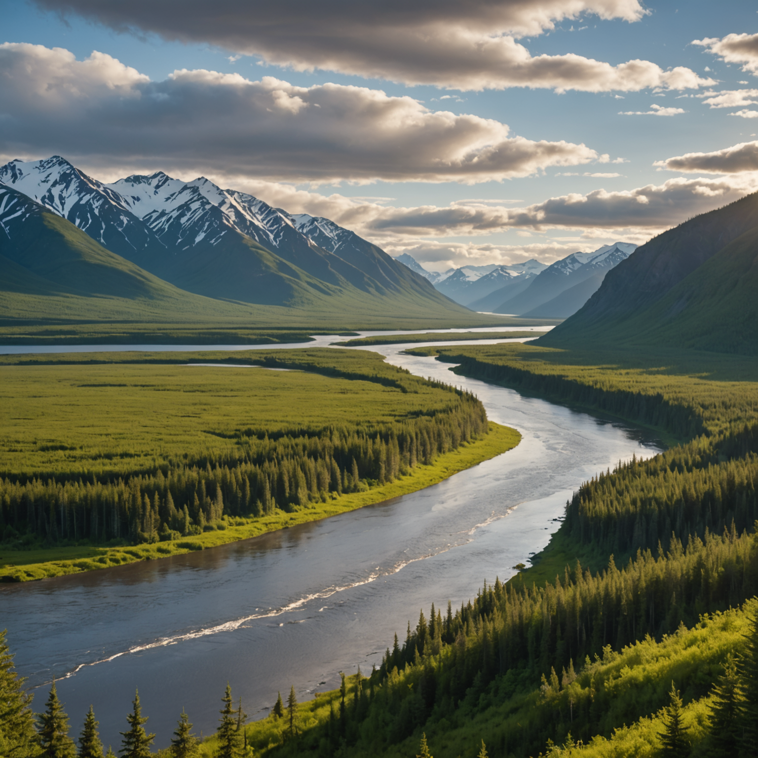 A breathtaking view of the Naknek River with surrounding mountains and lush forests