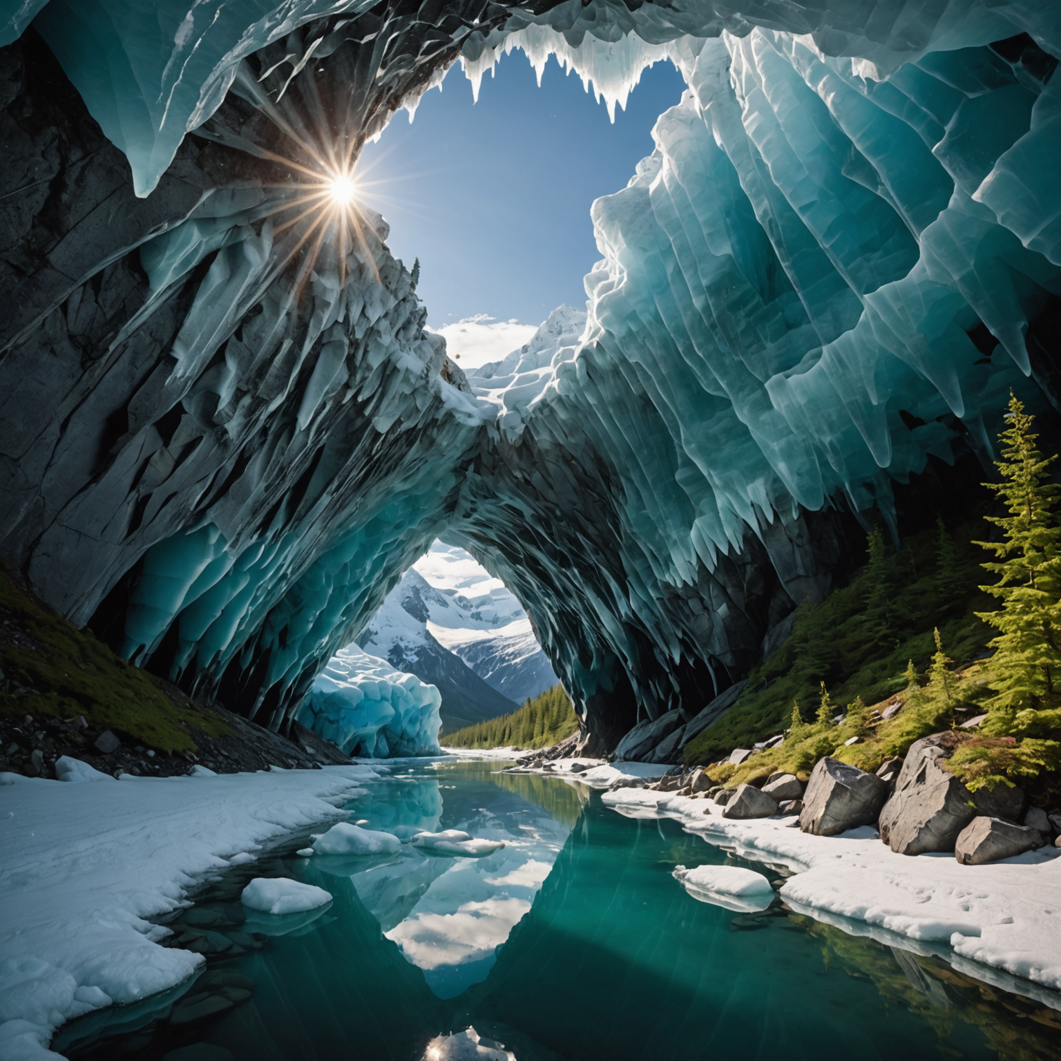 A panoramic view of a glacier ice cave with sunlight filtering through, illuminating the intricate ice formations.