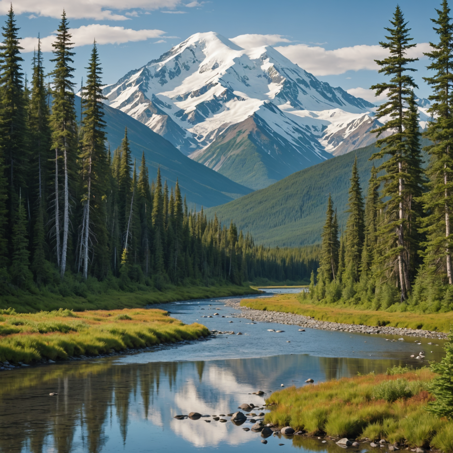 Majestic view of Mount Foraker with snow-capped peaks and alpine scenery