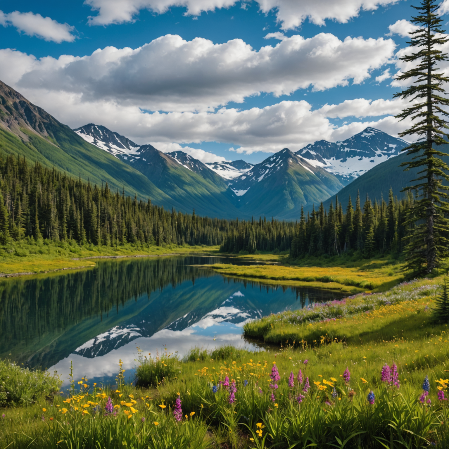A panoramic view of the Lost Lake Trail with surrounding mountains and wildflowers in bloom.