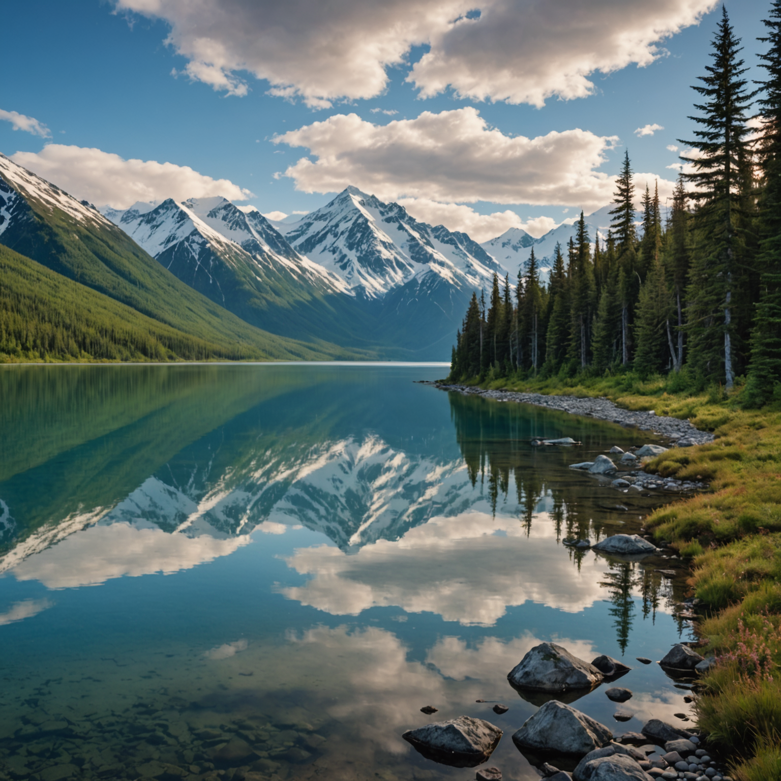A stunning view of Klutina Lake with mountains in the background