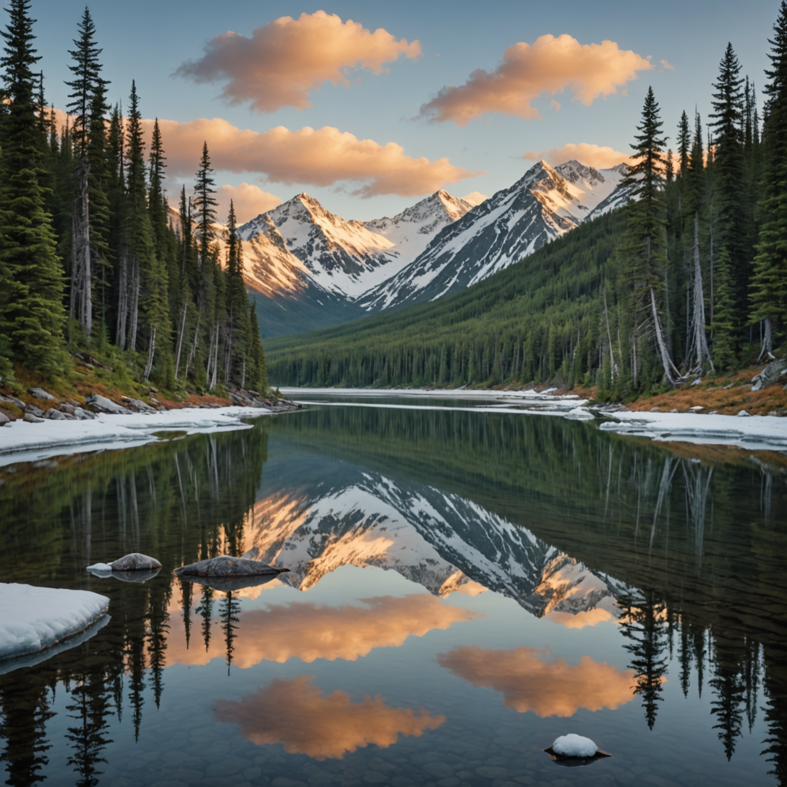 An angler standing in a river casting a fishing line, surrounded by lush forest and mountains.