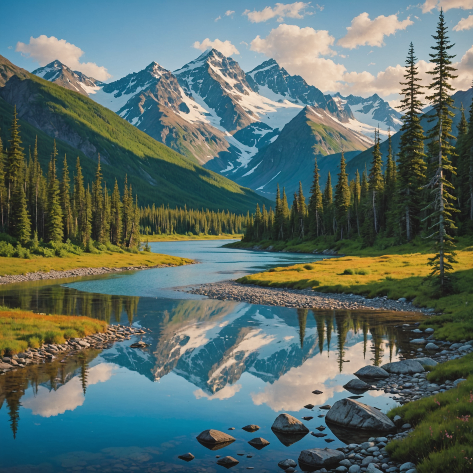 A group of rafters navigating through the rapids of the Nenana River, with Denali in the background.