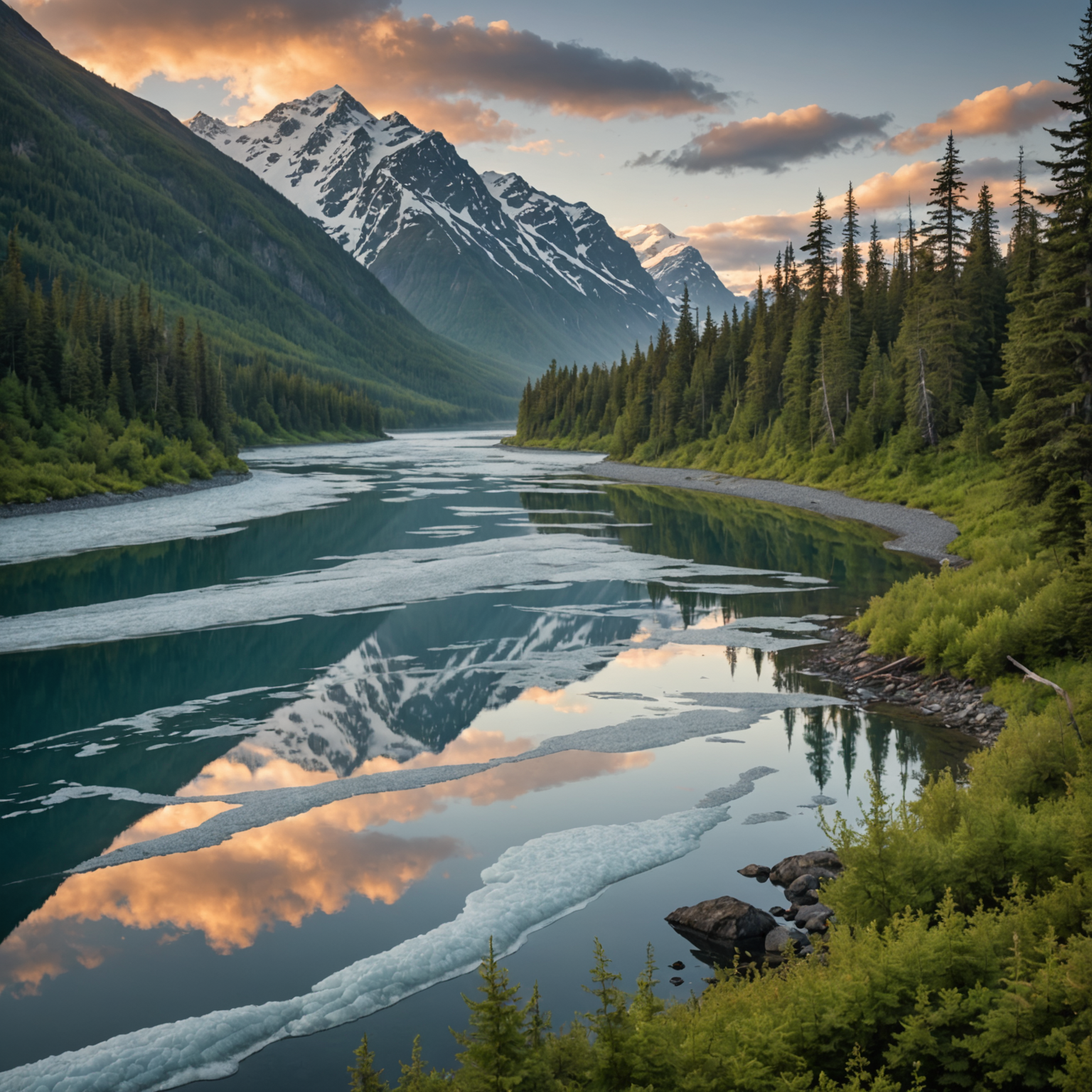 A serene view of the Copper River with mountains in the background, highlighting the untouched beauty of Alaska's wilderness.