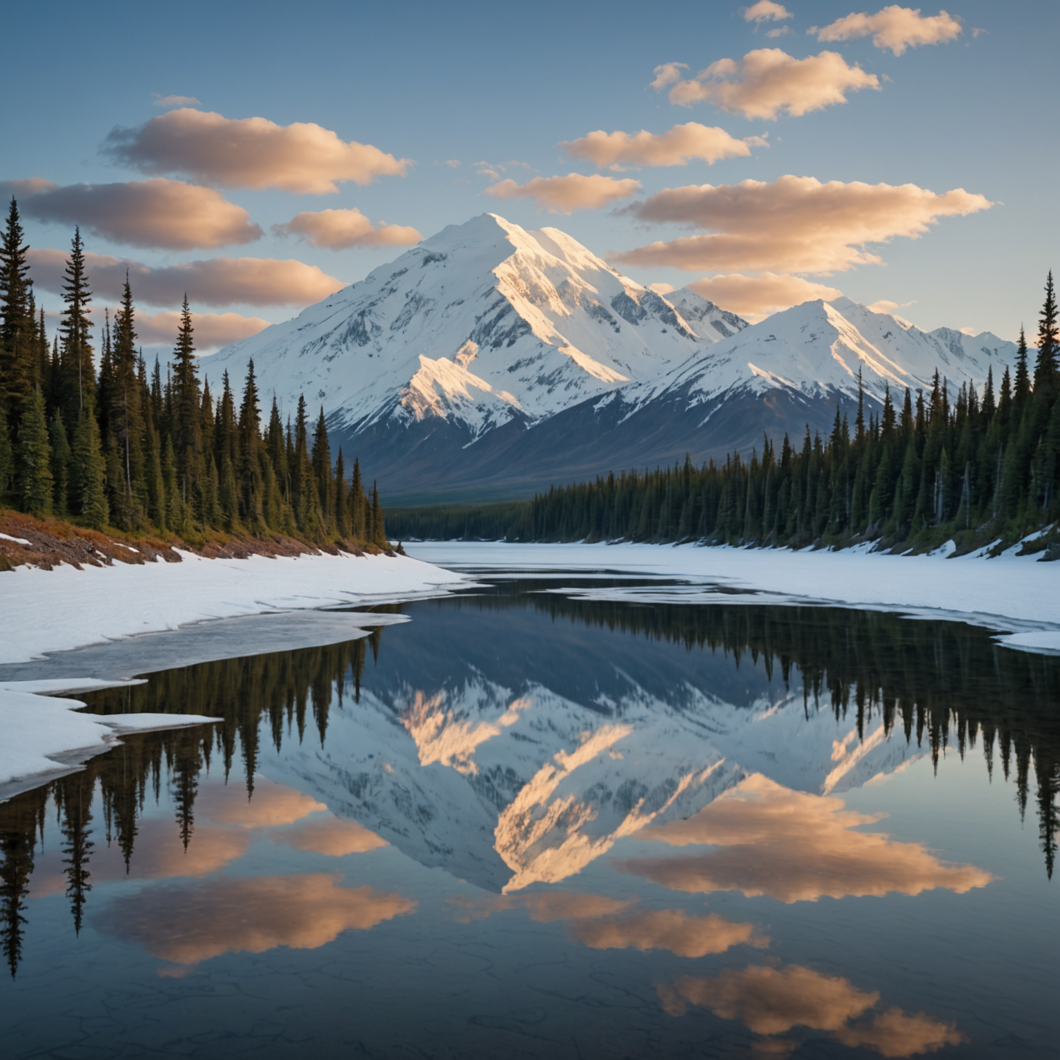 A panoramic view of Denali, showcasing its snow-capped peak and surrounding wilderness