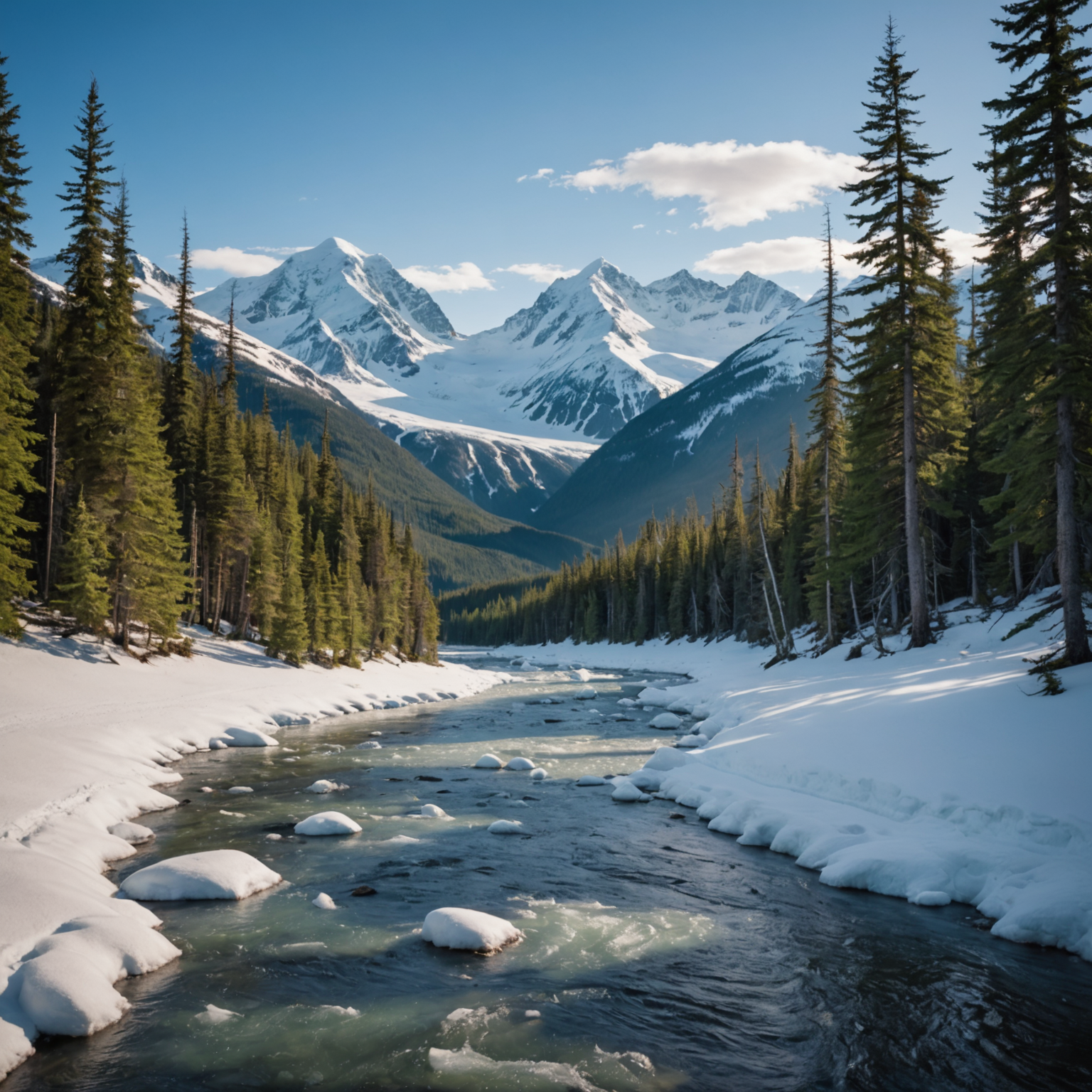 Snowmobiles zooming across a vast Alaskan snowfield under a clear blue sky, with mountains in the background.