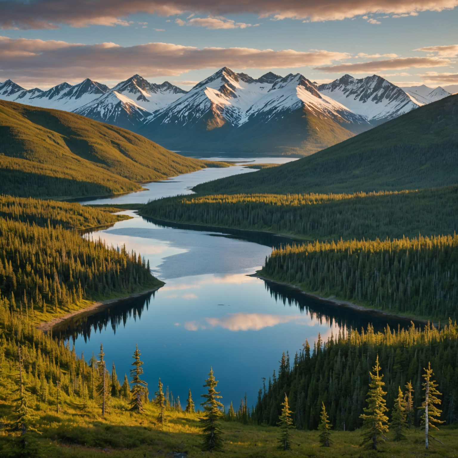 An ATV parked on a mountain overlook, with a breathtaking view of the Alaskan wilderness at sunrise.