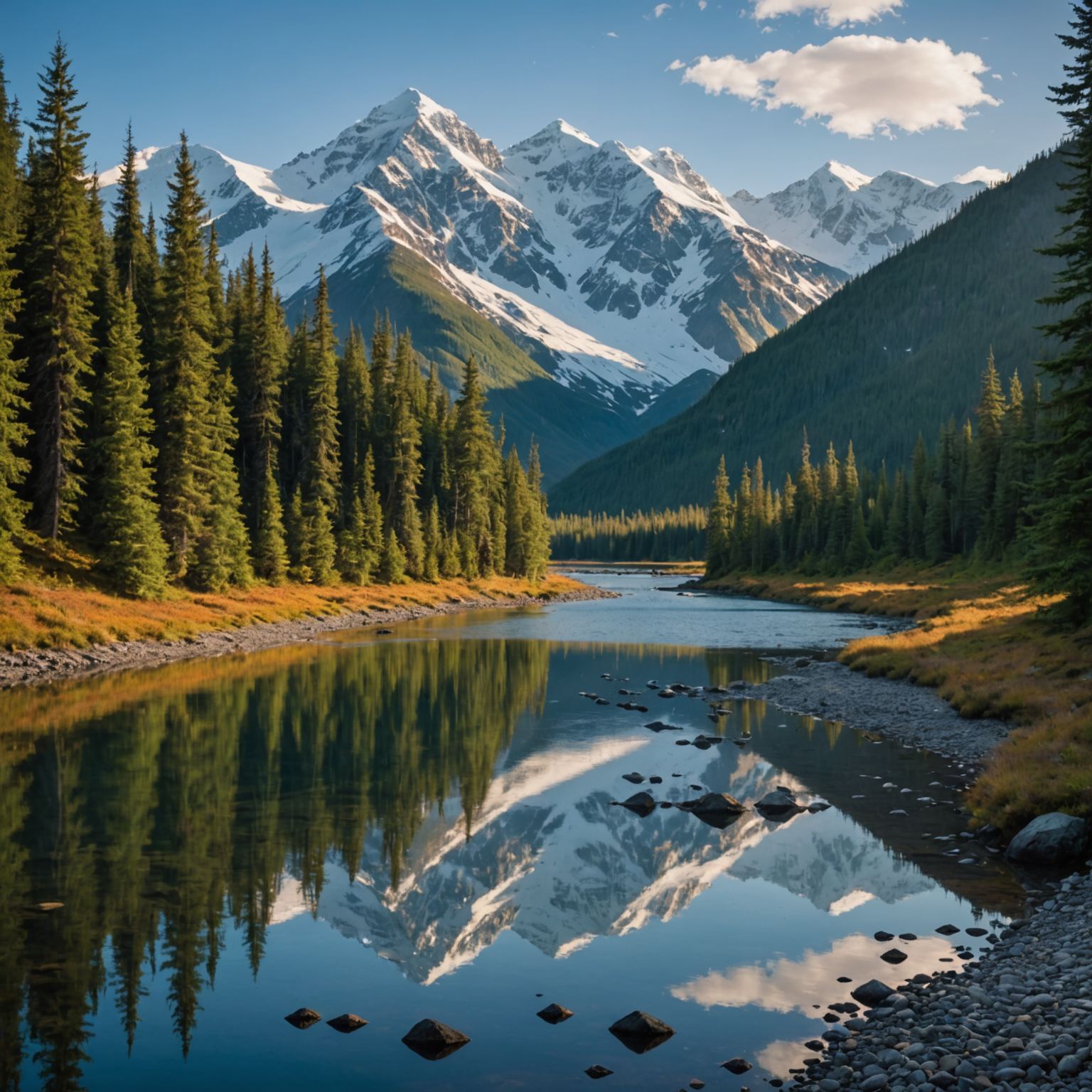 An angler casting a line into a serene Alaskan river, surrounded by lush greenery and distant mountains.