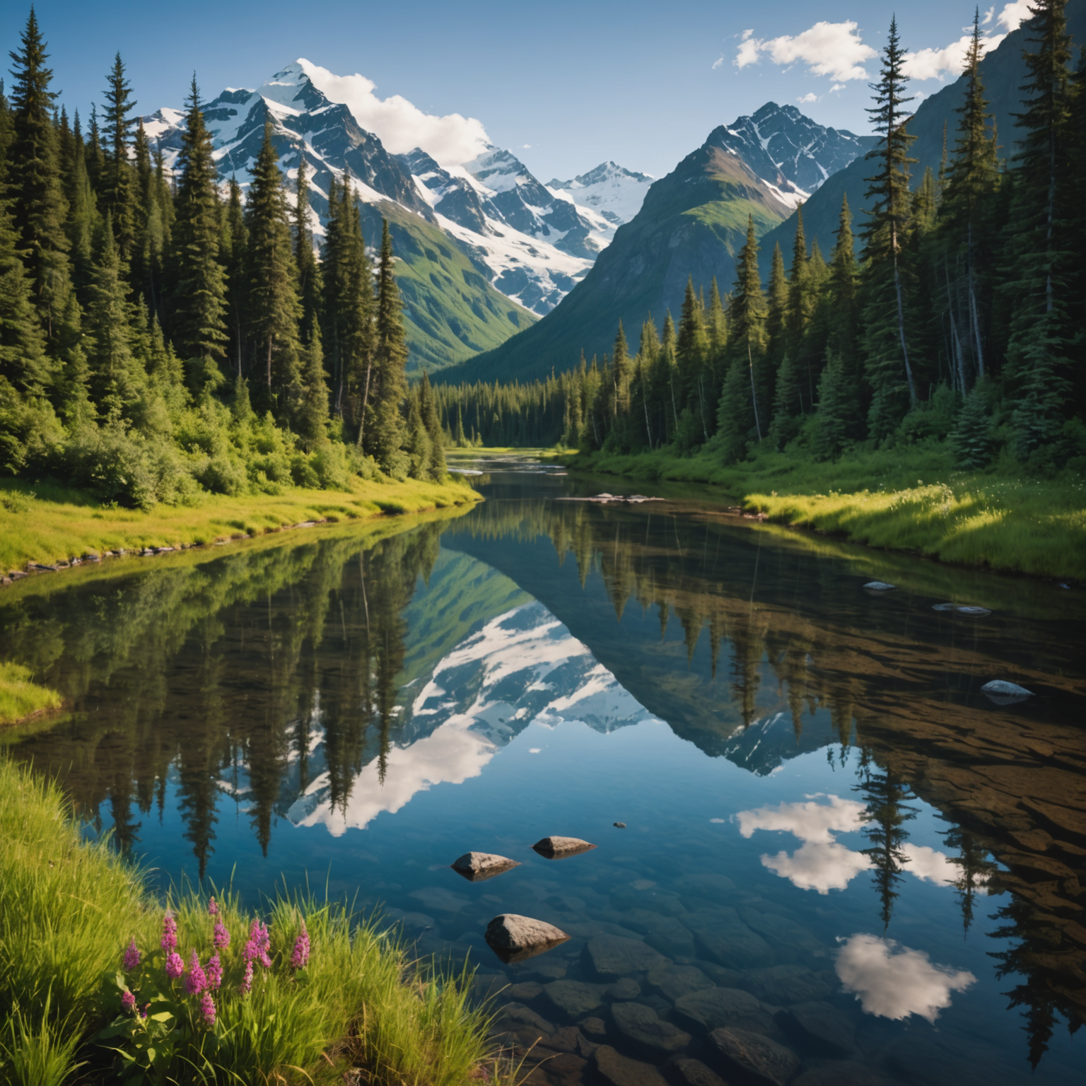 A jet boat navigating through a narrow river flanked by lush greenery and towering mountains.