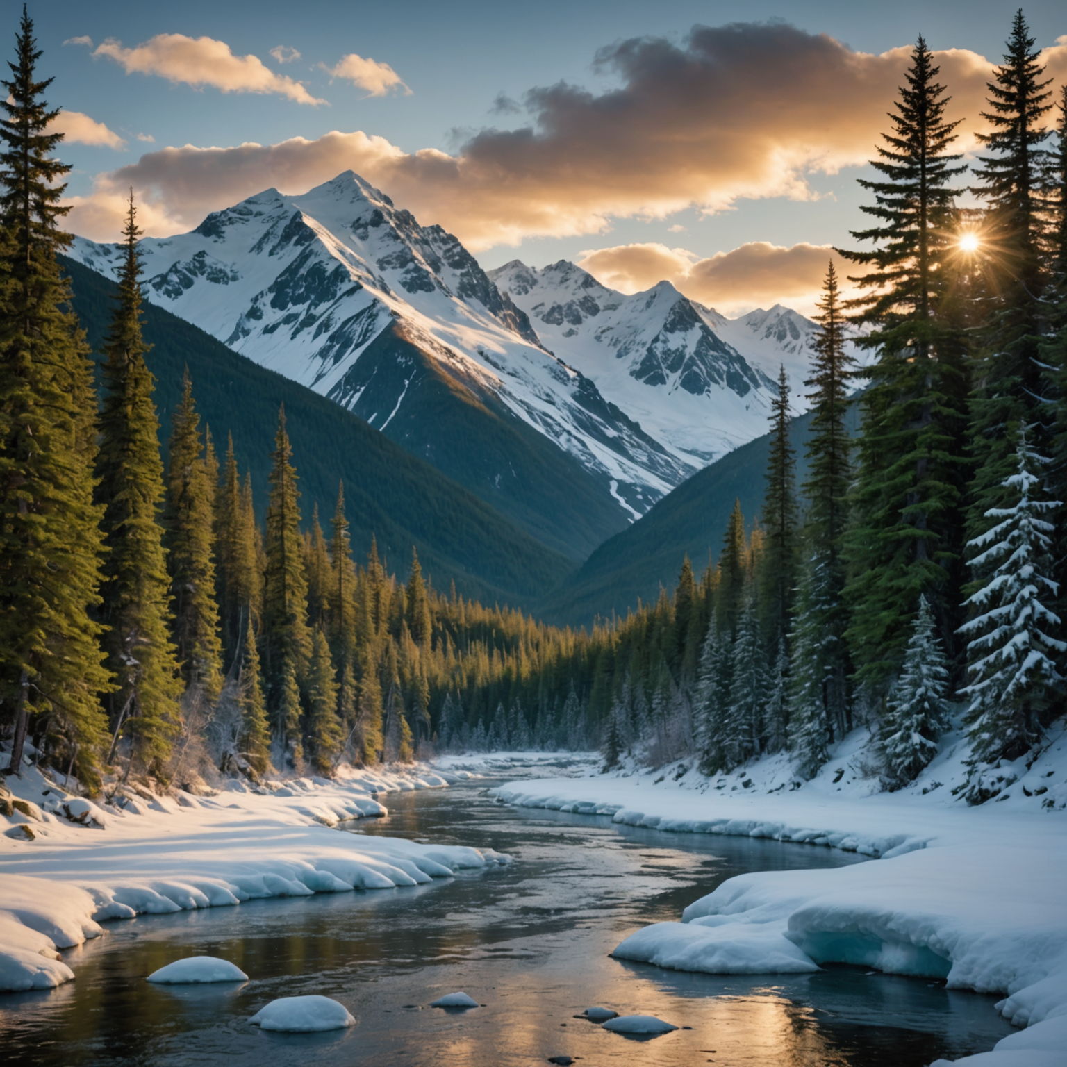 A scenic view of Alaska's rugged landscape with a bear fishing in a river