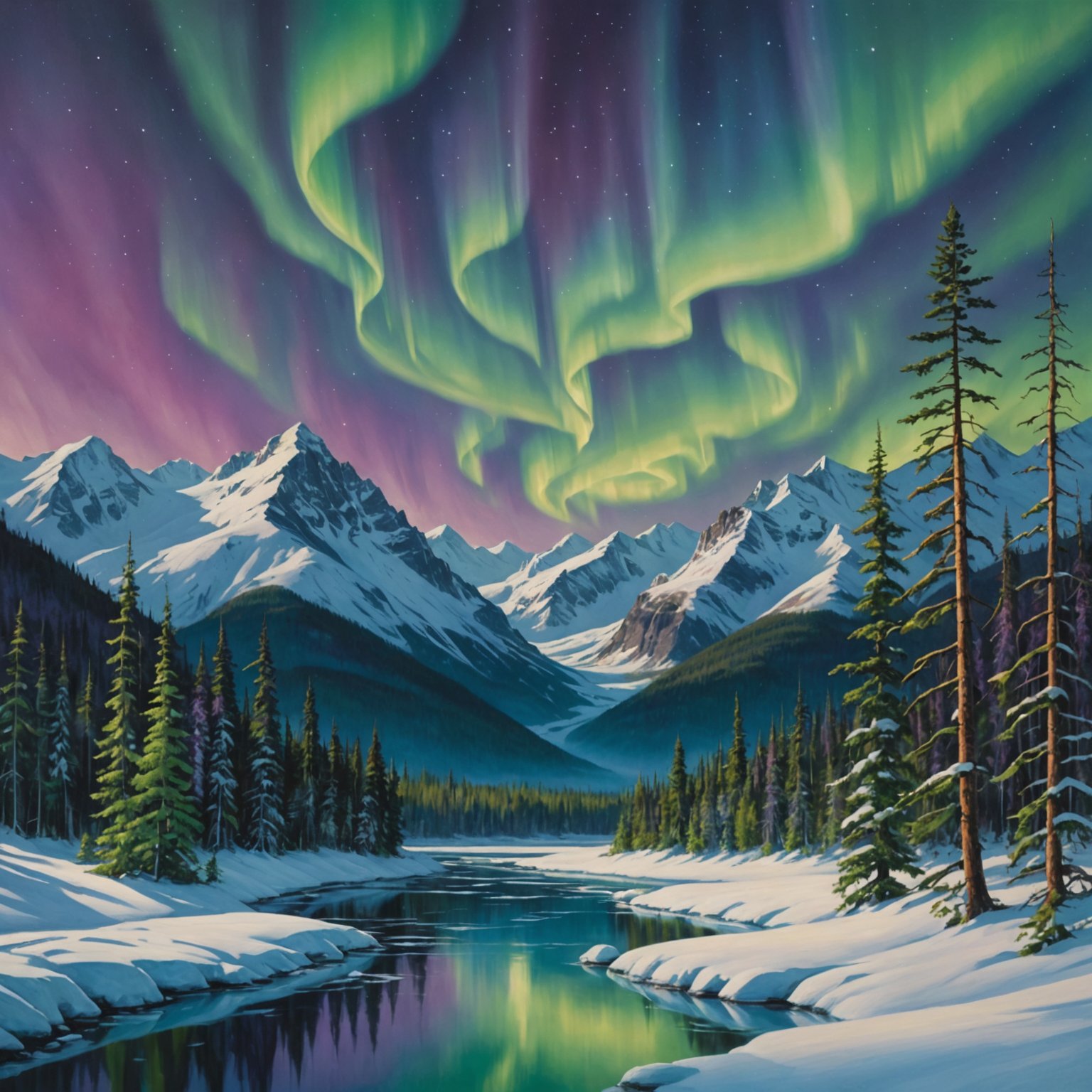 A cozy cabin surrounded by snow with the Northern Lights overhead