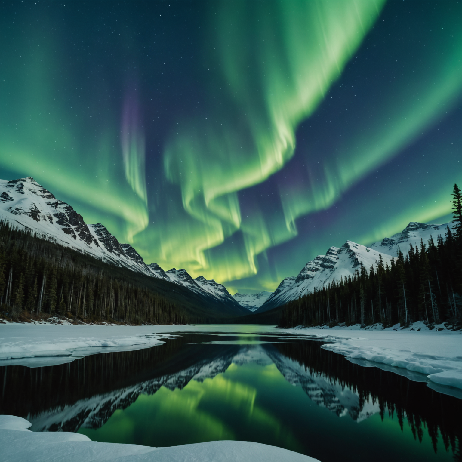 Aurora borealis over a lake in Alaska