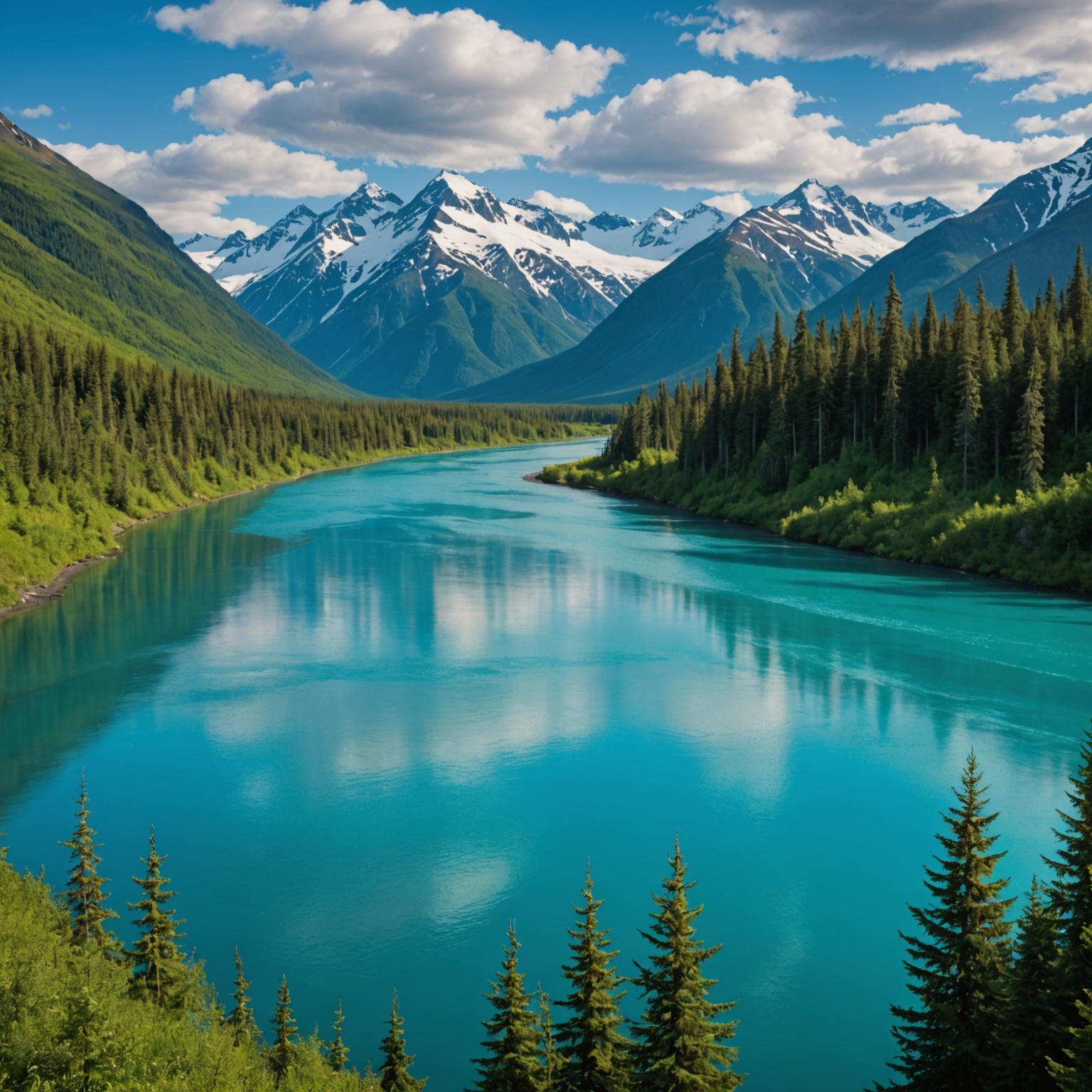 A scenic view of Cooper Landing with the Kenai River flowing through a lush forest.