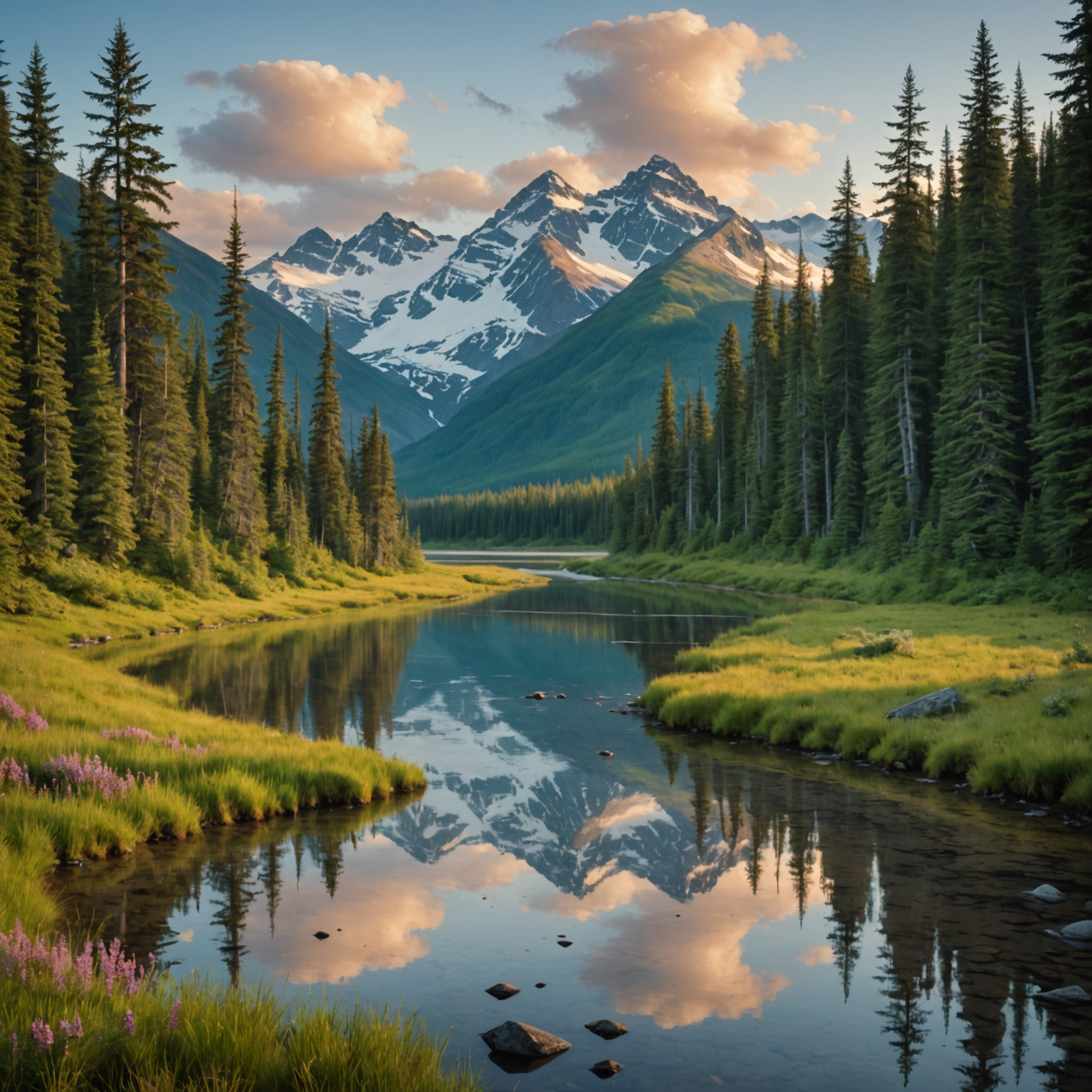 An adventurous group navigating a rapid on the Kenai River, surrounded by lush greenery and mountains.