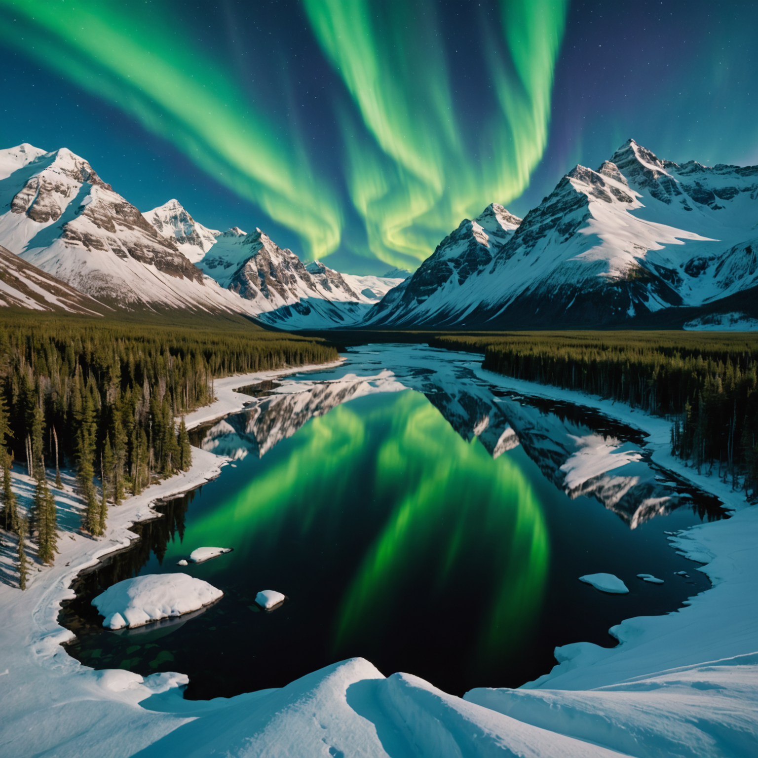 The mesmerizing northern lights dancing in the night sky over a serene Alaskan landscape.