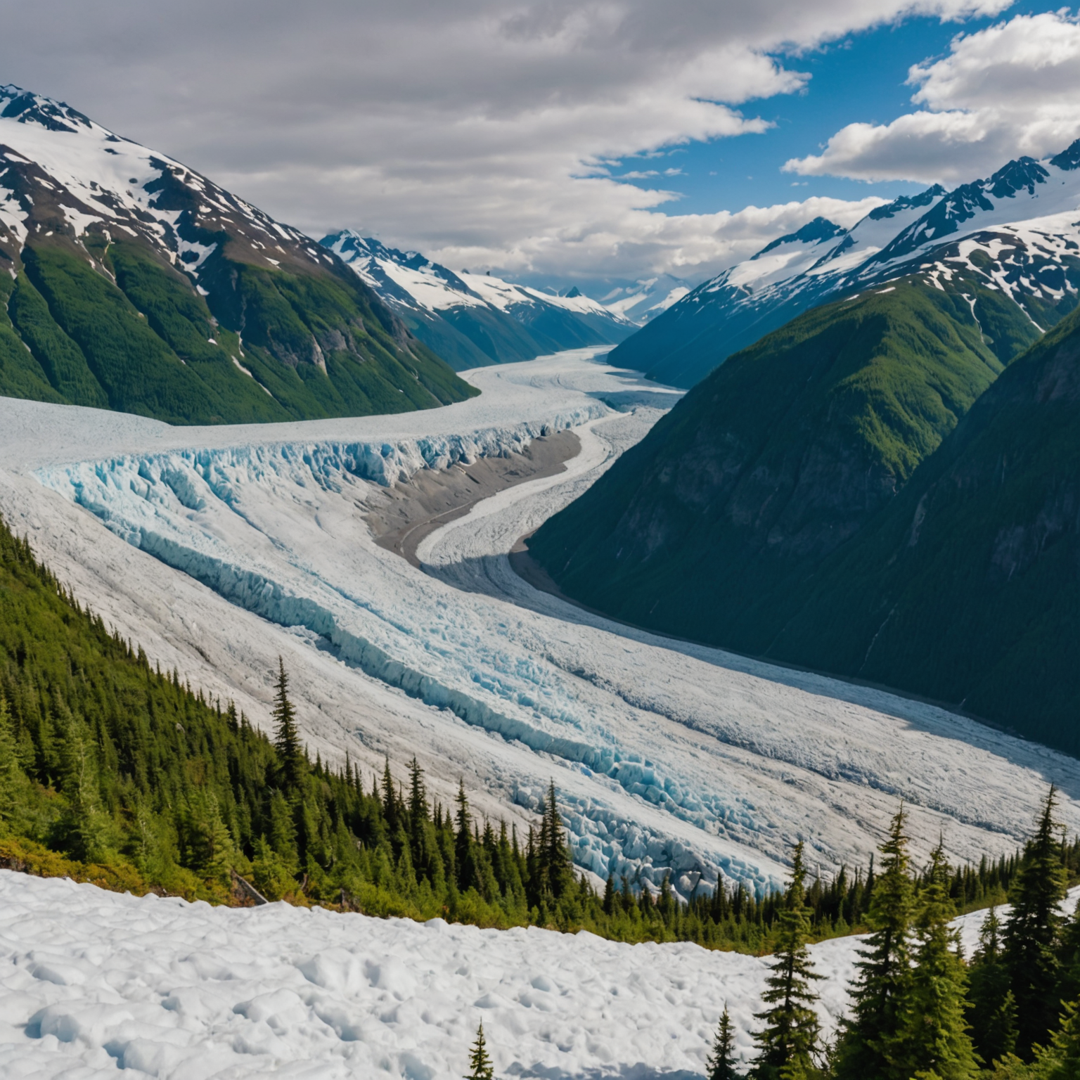 A panoramic view of Exit Glacier with hikers on the trail.