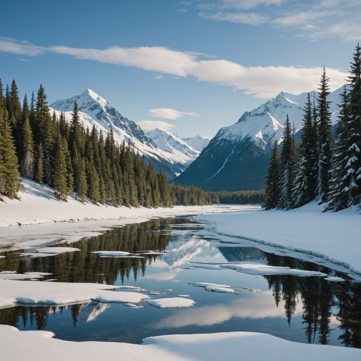 A group of snowmobilers racing through a snowy Alaskan landscape with mountains in the background.