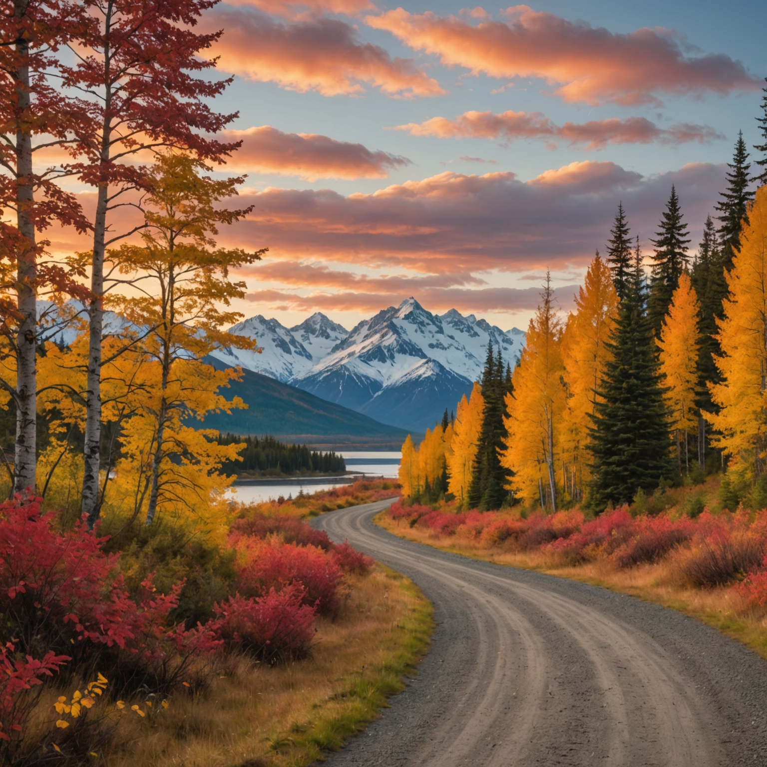 A scenic view of a Kenai Peninsula trail winding through vibrant autumn foliage, with snow-capped mountains in the distance.
