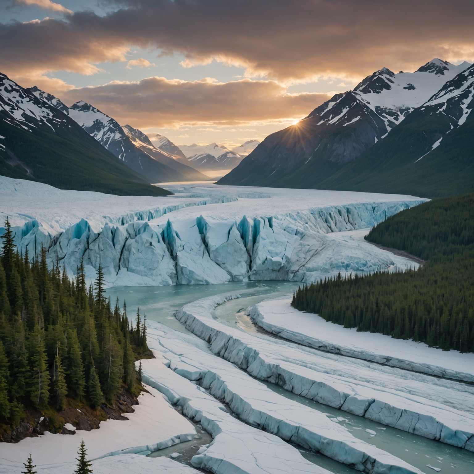 A stunning view of a massive Alaskan glacier with adventurers in the foreground exploring the icy terrain.