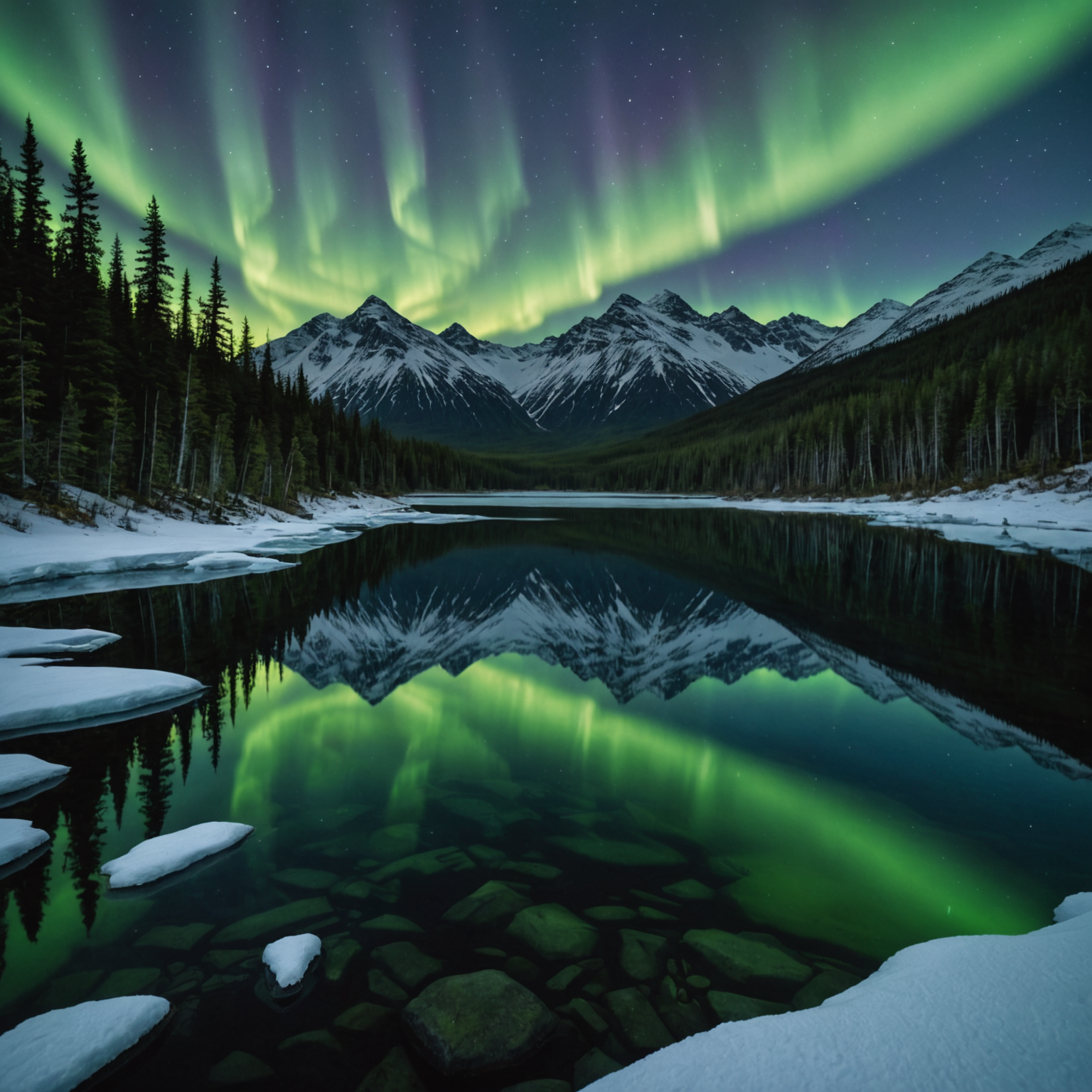 The Northern Lights dancing across a clear Alaskan night sky, illuminating a snowy landscape below.