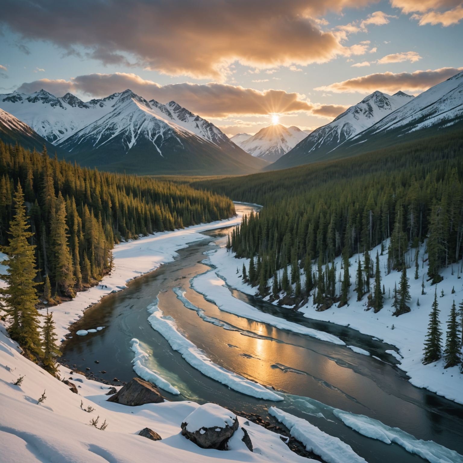 A scenic view of the Alaskan wilderness with a bear in the foreground.