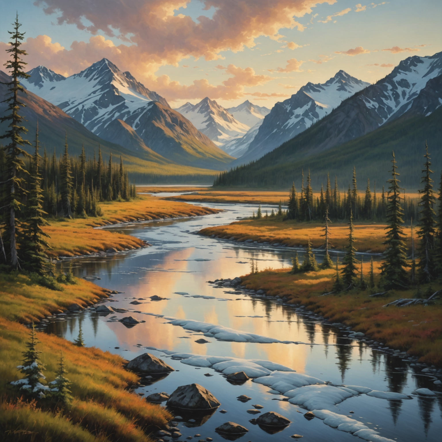 A herd of caribou migrating across the tundra under the northern lights.