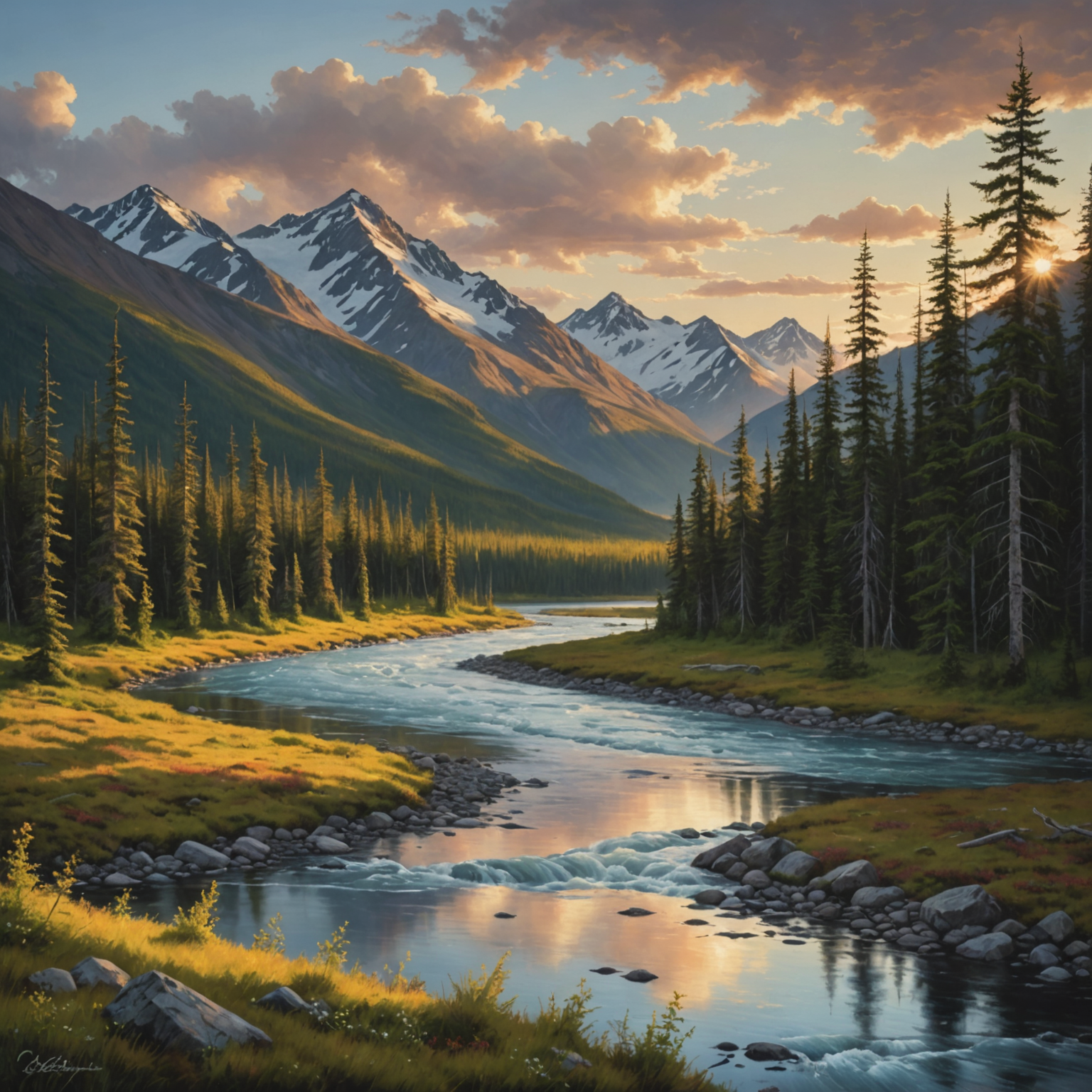 A cozy Alaskan cabin surrounded by snow-capped mountains and lush forests.