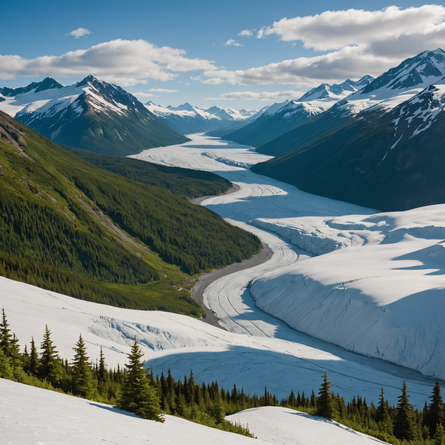 A panoramic view of the Harding Icefield Trail with hikers in the foreground