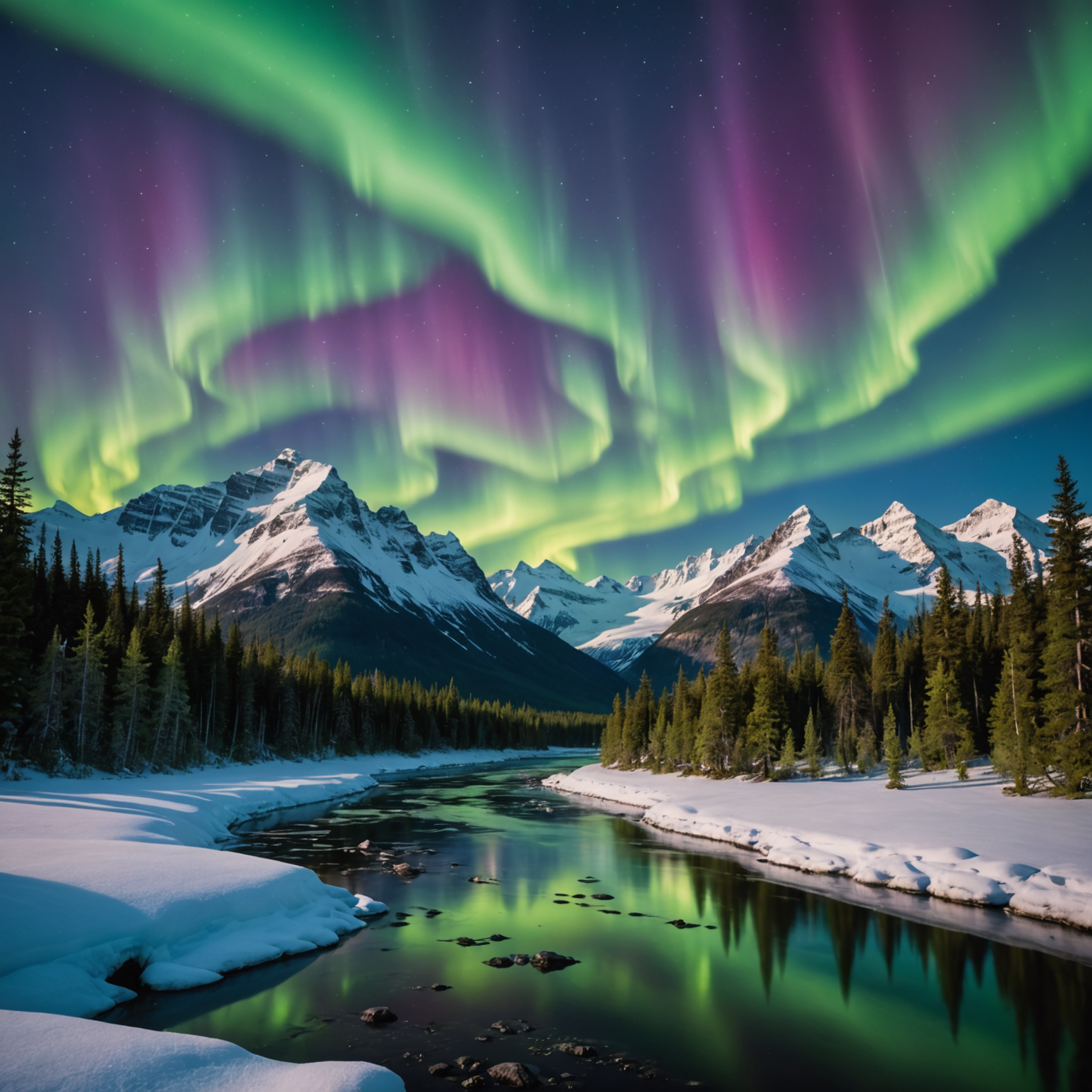 A snowboarder carving through the Arctic powder with the Northern Lights in the background.