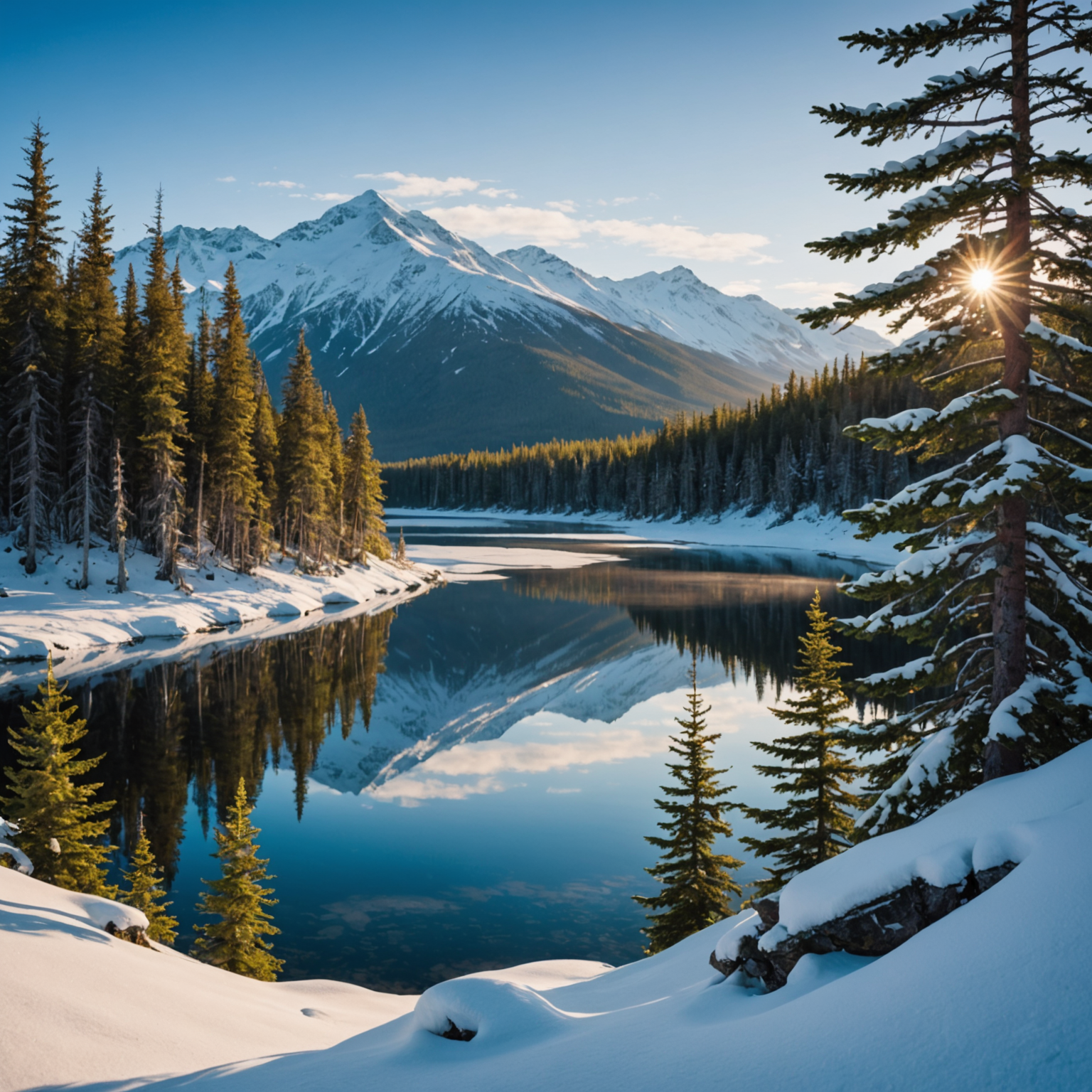 A snowmobiler riding through the White Mountains, surrounded by snow-laden pines and vast open spaces.