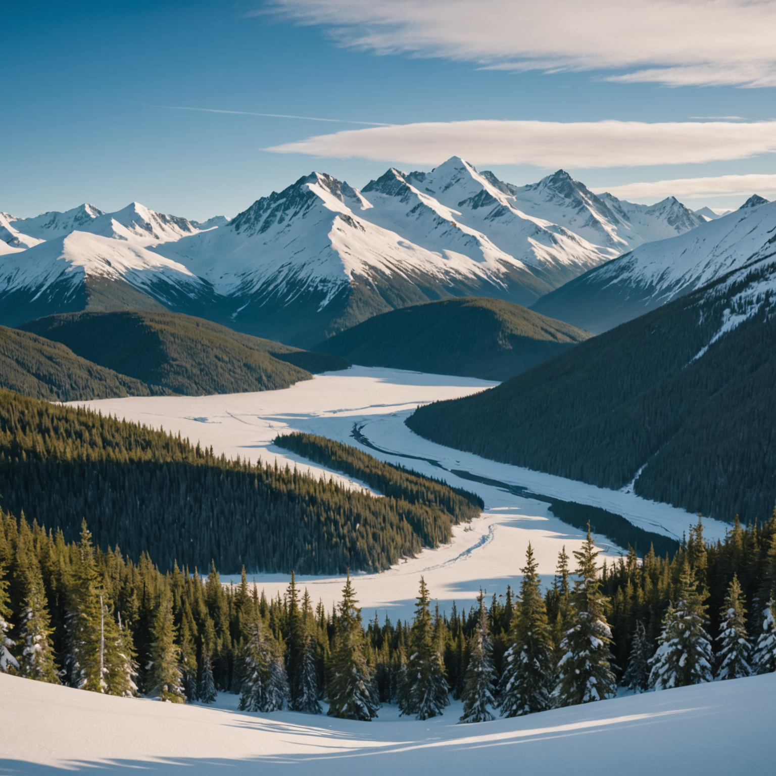 A group of snowmobilers riding towards a distant glacier