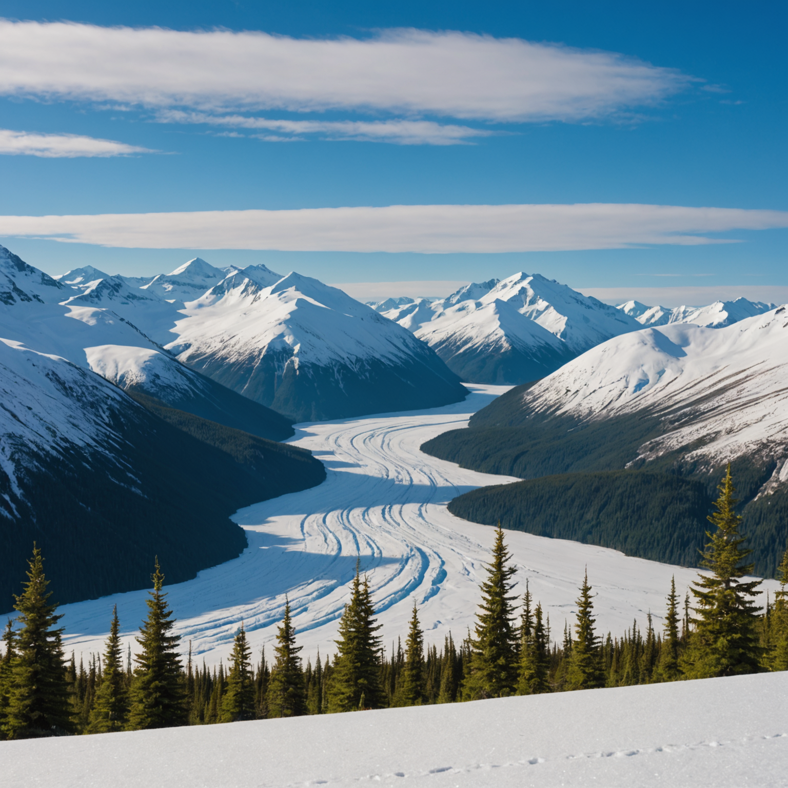 A helicopter flying over a vast icefield with a clear blue sky