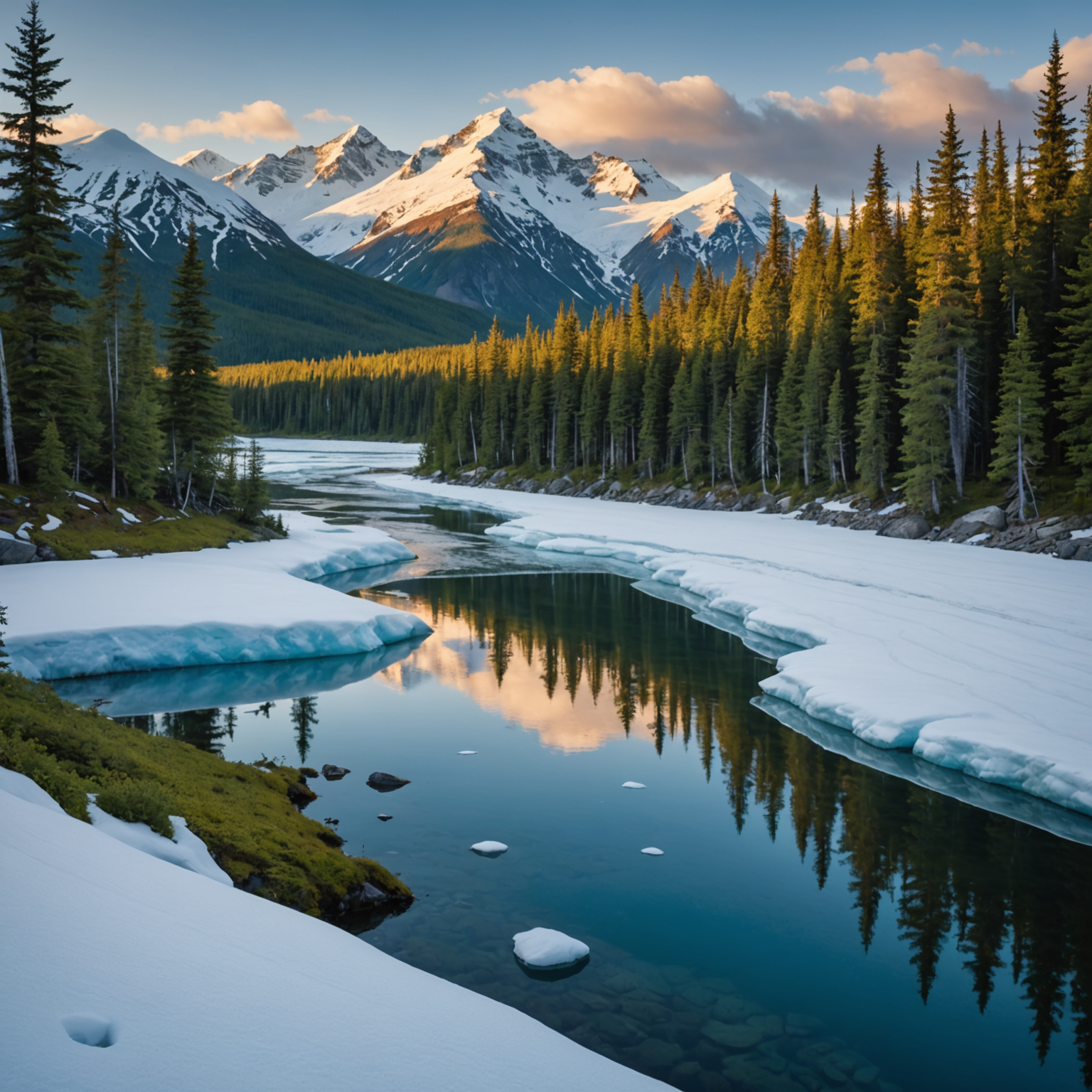 A group of rafters paddling down the Kenai River, surrounded by lush greenery and towering mountains.