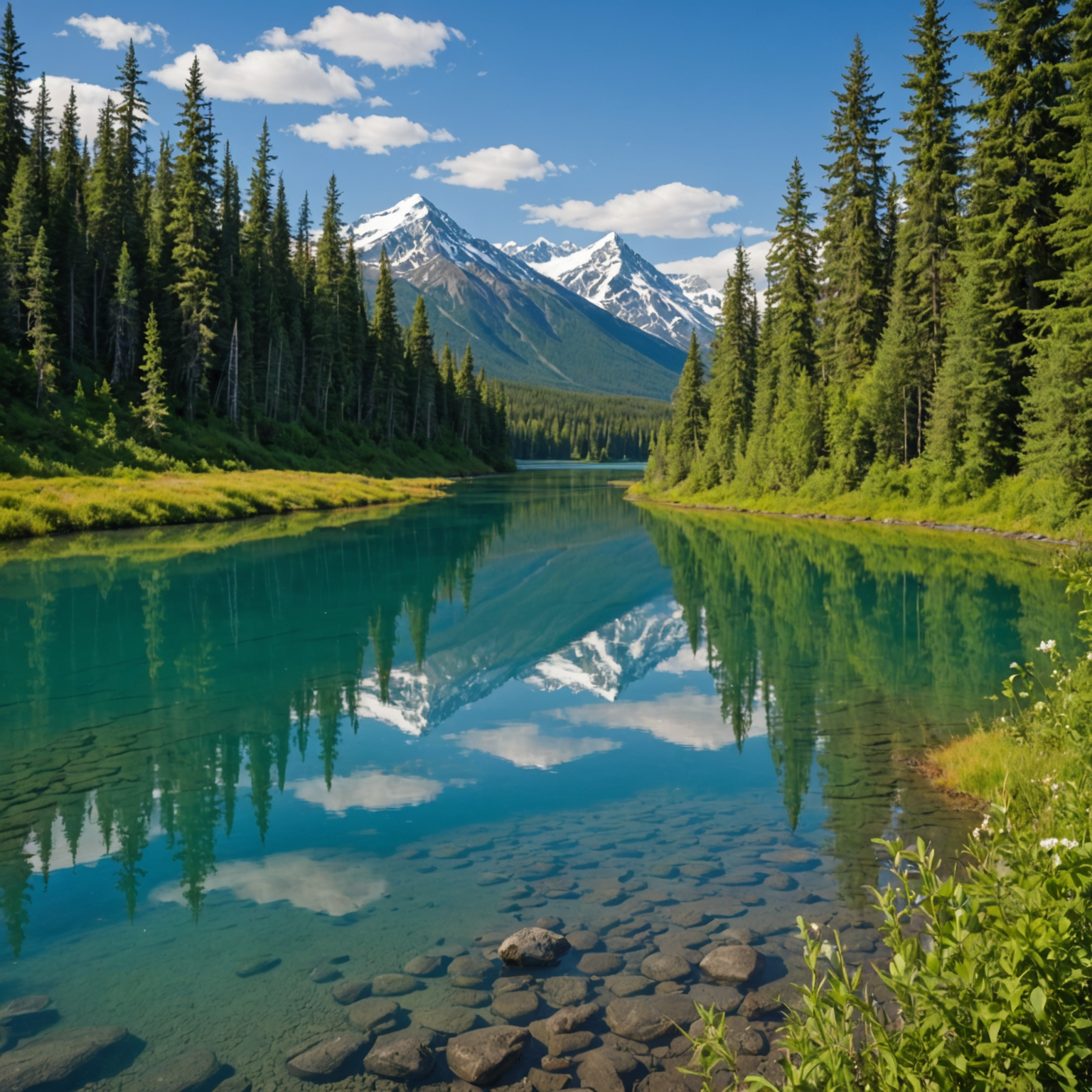 Panoramic view of the Kenai River with a clear blue sky and distant mountains