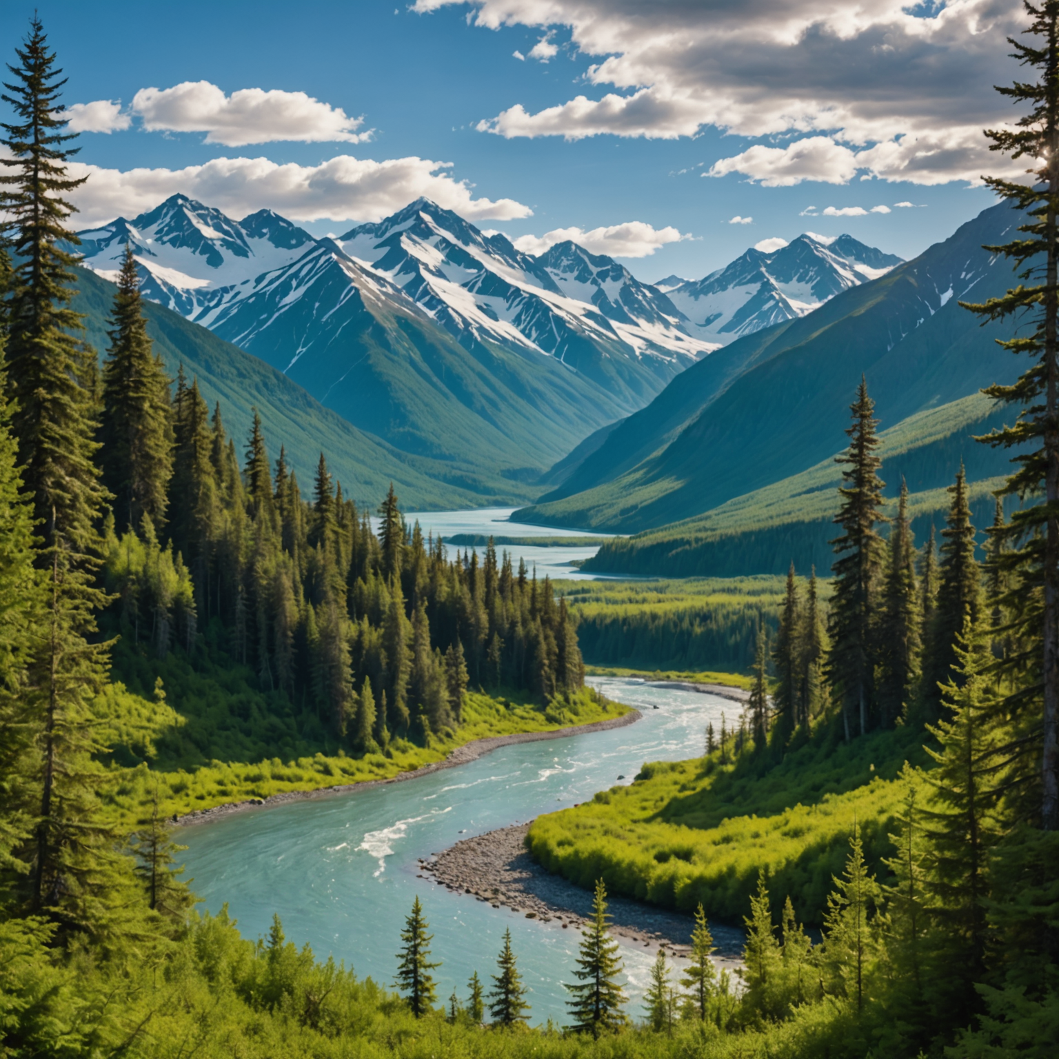 A picturesque view of the Kenai River at Cooper Landing with anglers fishing on a bright summer day.