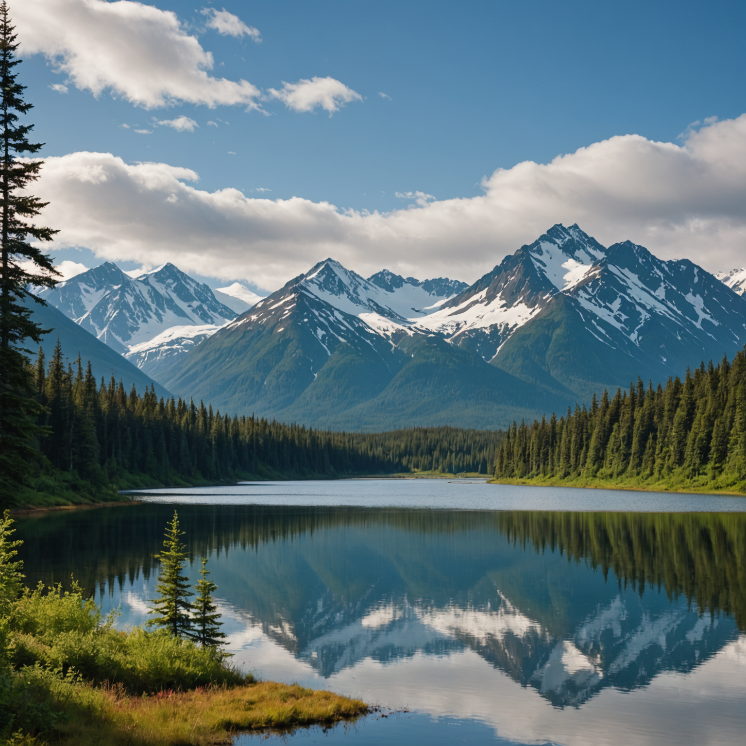 A tranquil view of Lost Lake with the Chugach Mountains in the background.