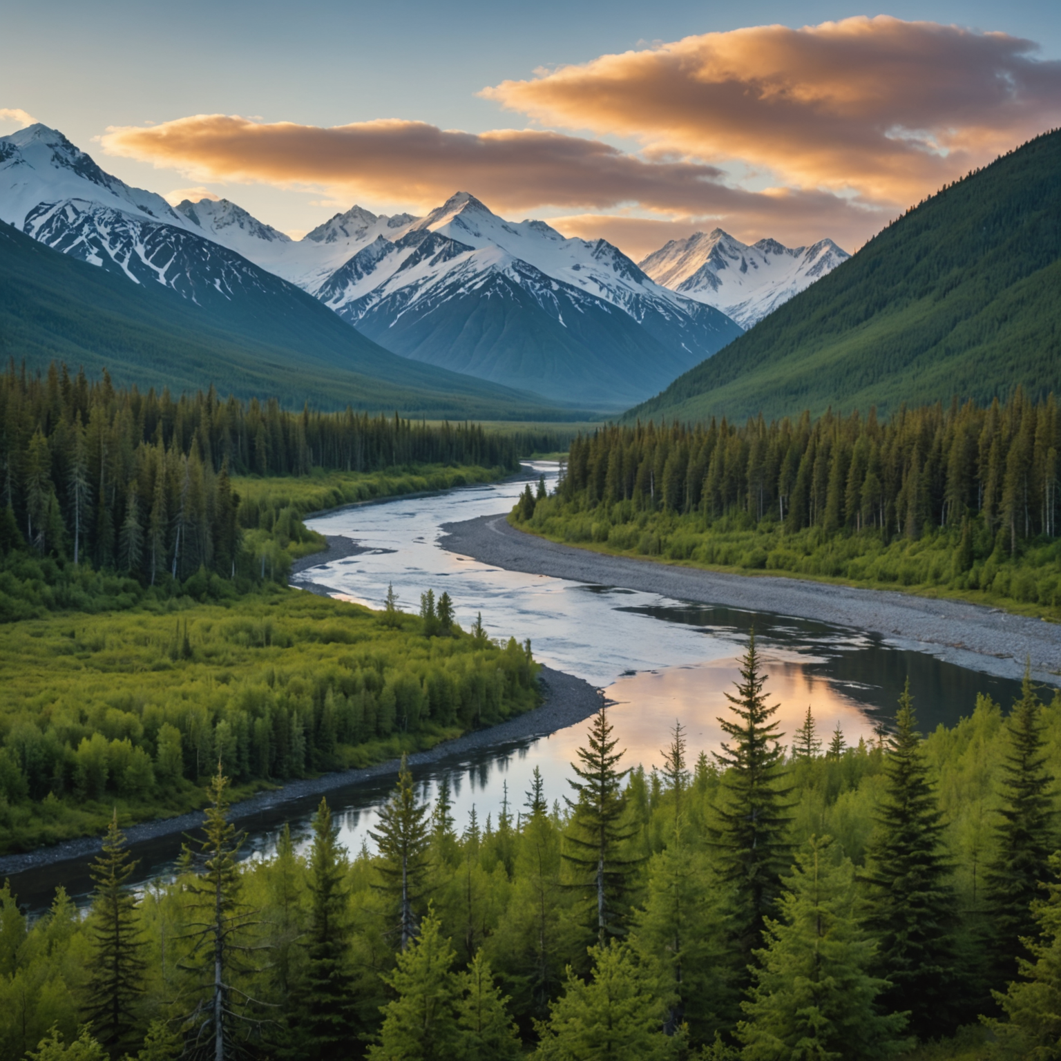 A scenic view of the Ninilchik River with snow-capped mountains in the distance, highlighting the river's natural beauty.