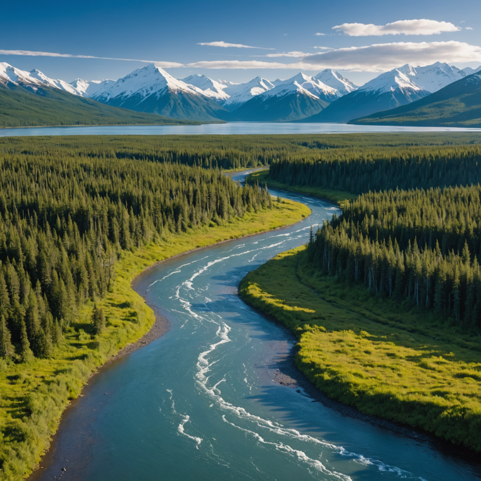 A panoramic view of the Ninilchik River with anglers fishing along the riverbank.