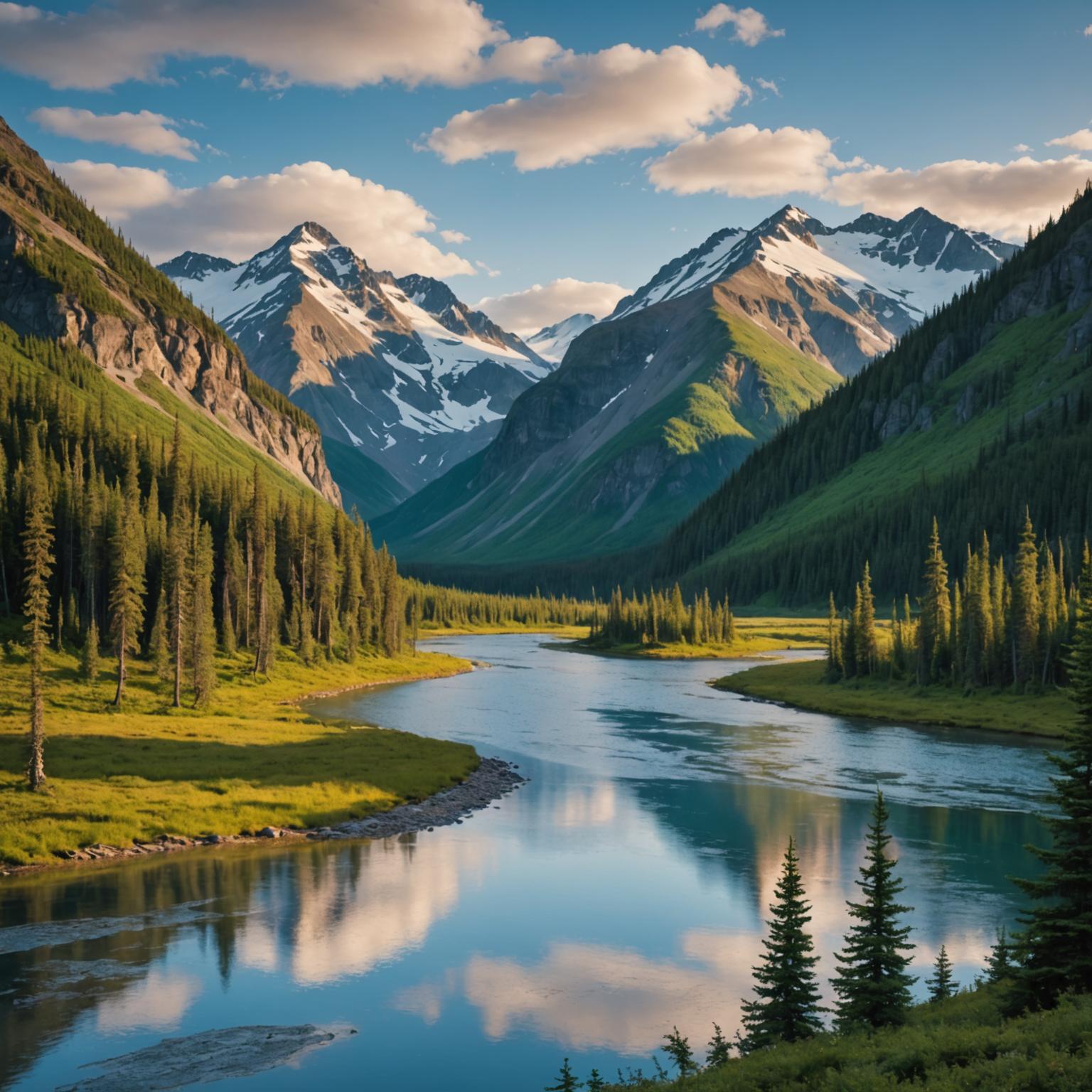 A packrafter navigating a scenic river surrounded by Alaskan mountains and forest